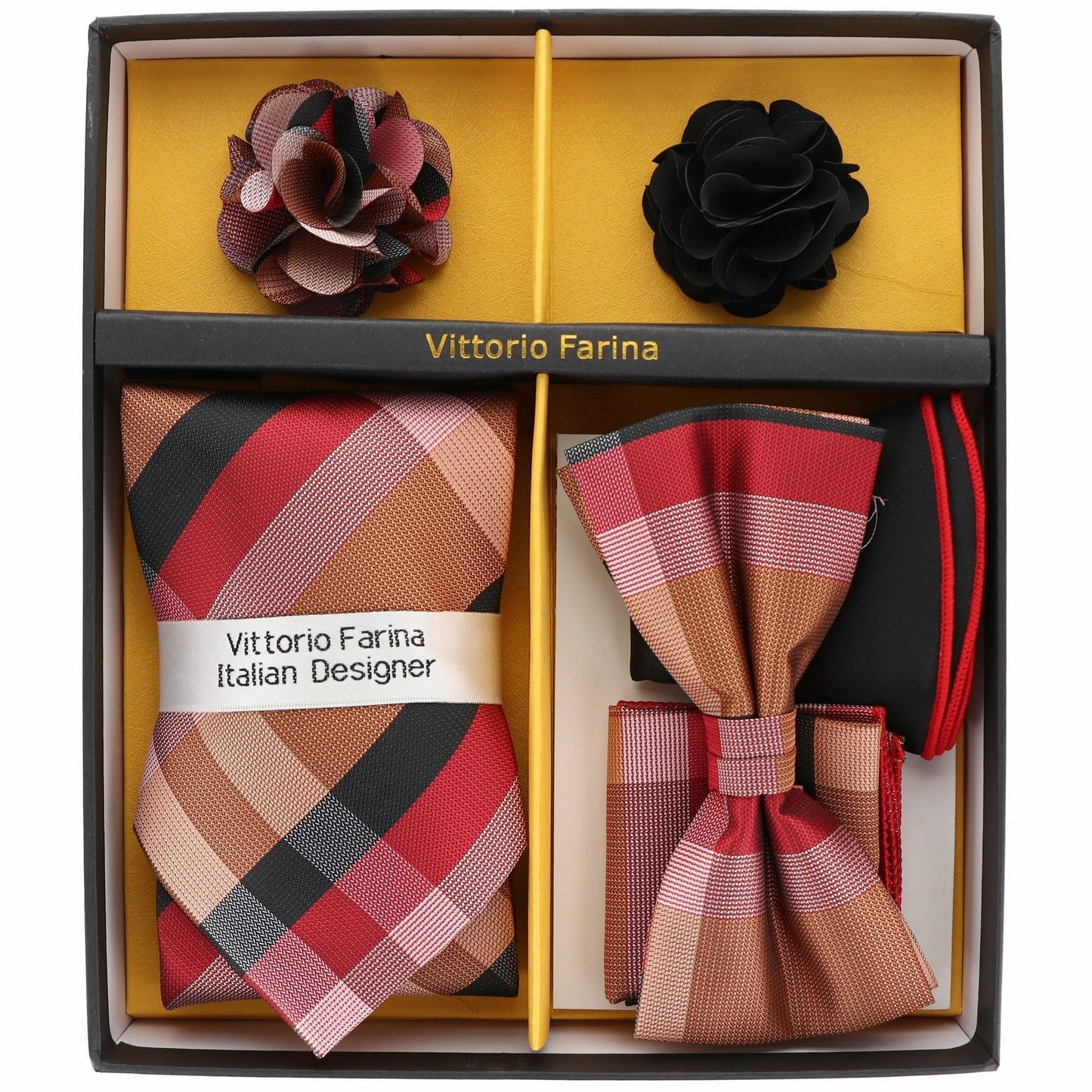 Vittorio Farina Men's Design Necktie, Bow Tie, Pocket Squares and Flower Lapel Pin in a Gift Box - Suits You Sir - GB - 116 -