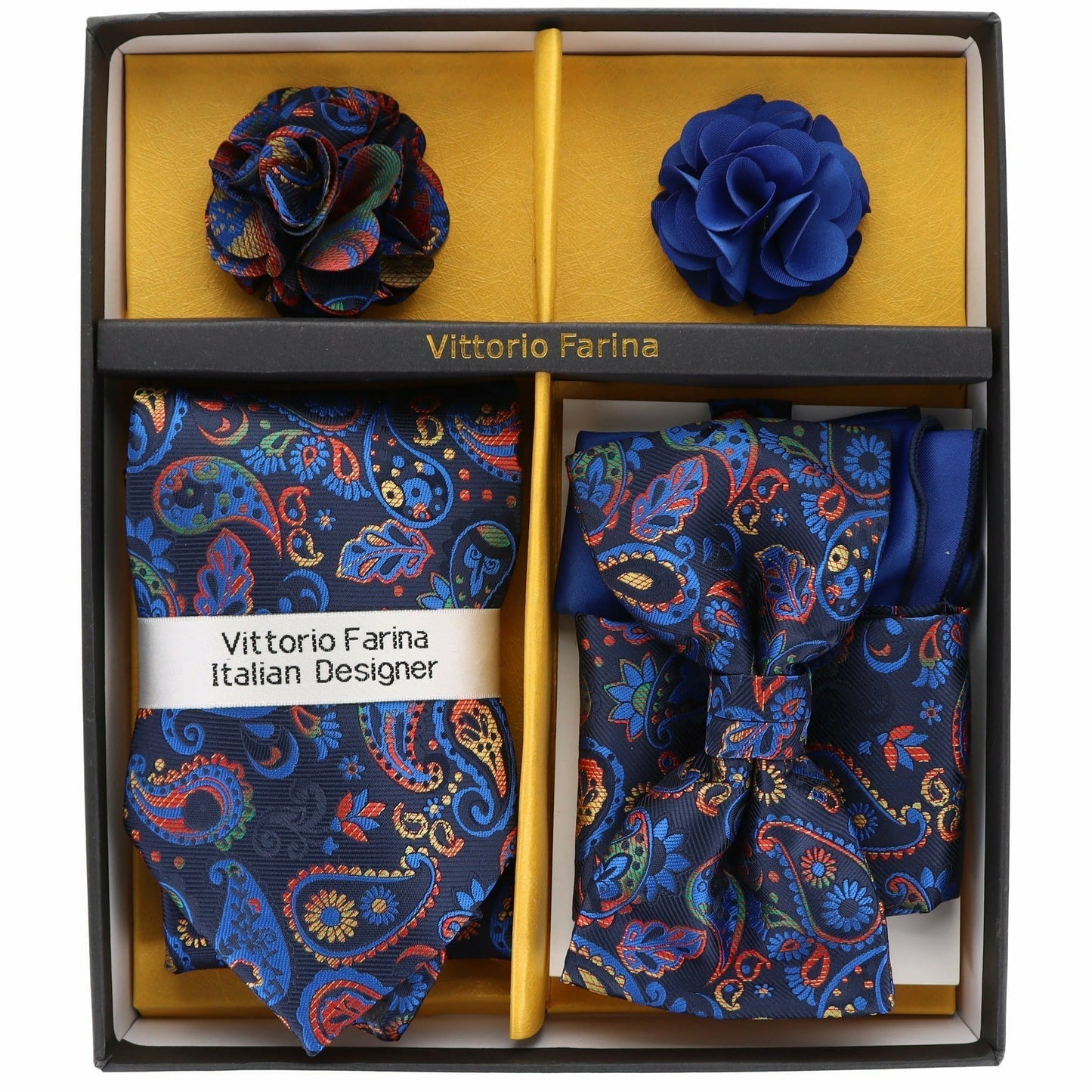Vittorio Farina Men's Design Necktie, Bow Tie, Pocket Squares and Flower Lapel Pin in a Gift Box - Suits You Sir - GB - 116 -