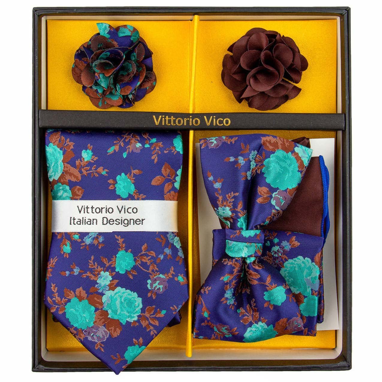 Vittorio Farina Men's Design Necktie, Bow Tie, Pocket Squares and Flower Lapel Pin in a Gift Box - Suits You Sir - GB - 116 -