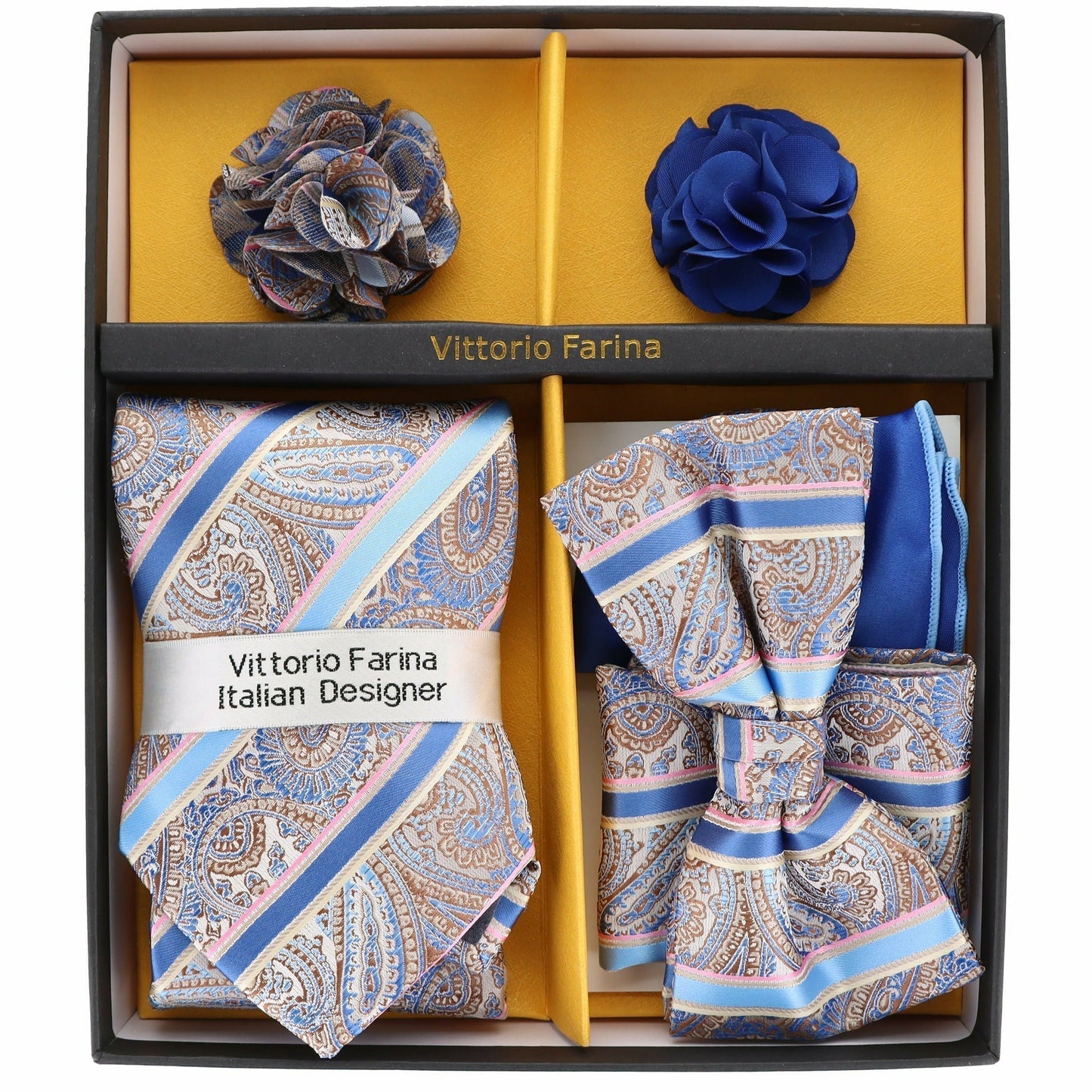 Vittorio Farina Men's Design Necktie, Bow Tie, Pocket Squares and Flower Lapel Pin in a Gift Box - Suits You Sir - GB - 116 -
