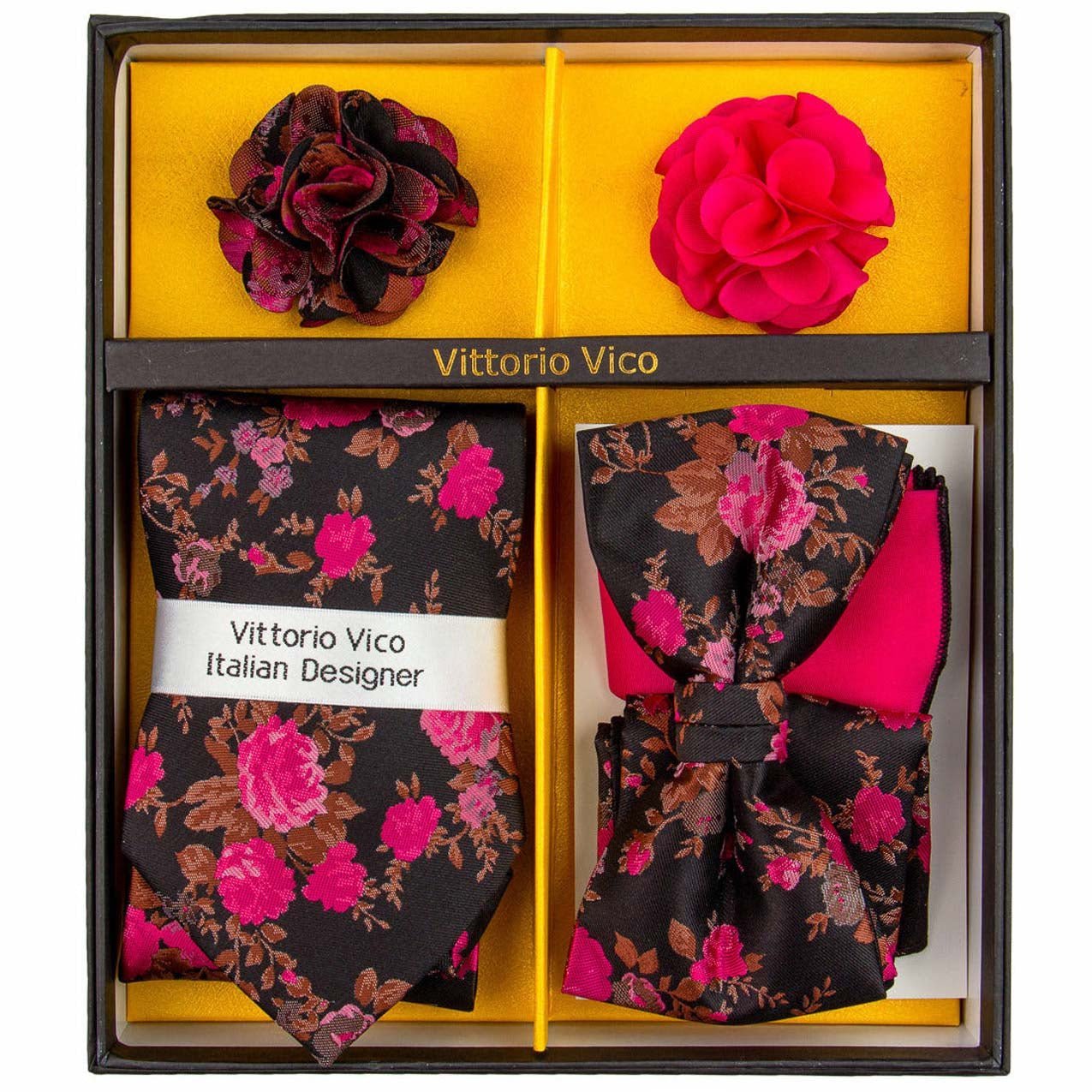Vittorio Farina Men's Design Necktie, Bow Tie, Pocket Squares and Flower Lapel Pin in a Gift Box - Suits You Sir - GB - 117 -