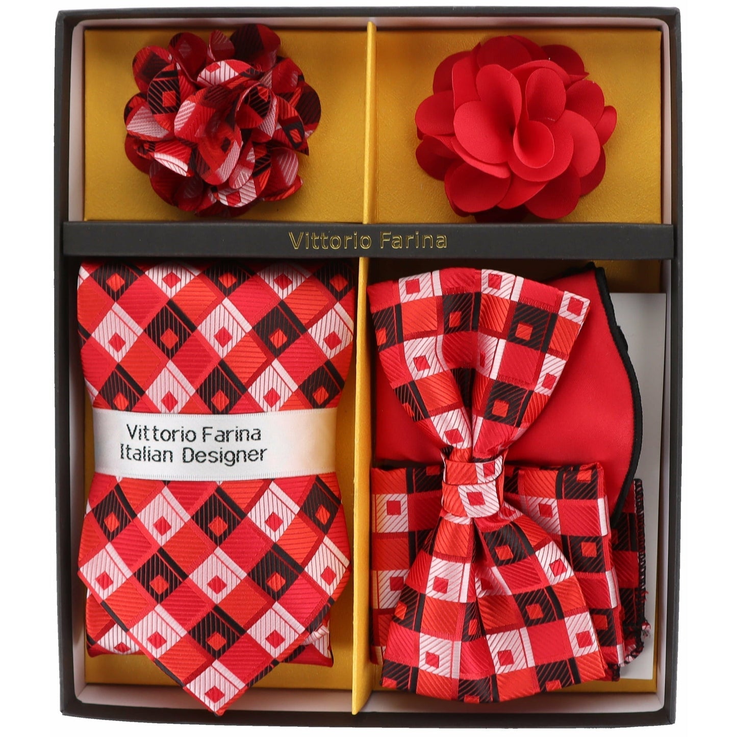 Vittorio Farina Men's Design Necktie, Bow Tie, Pocket Squares and Flower Lapel Pin in a Gift Box - Suits You Sir - GB - 117 -