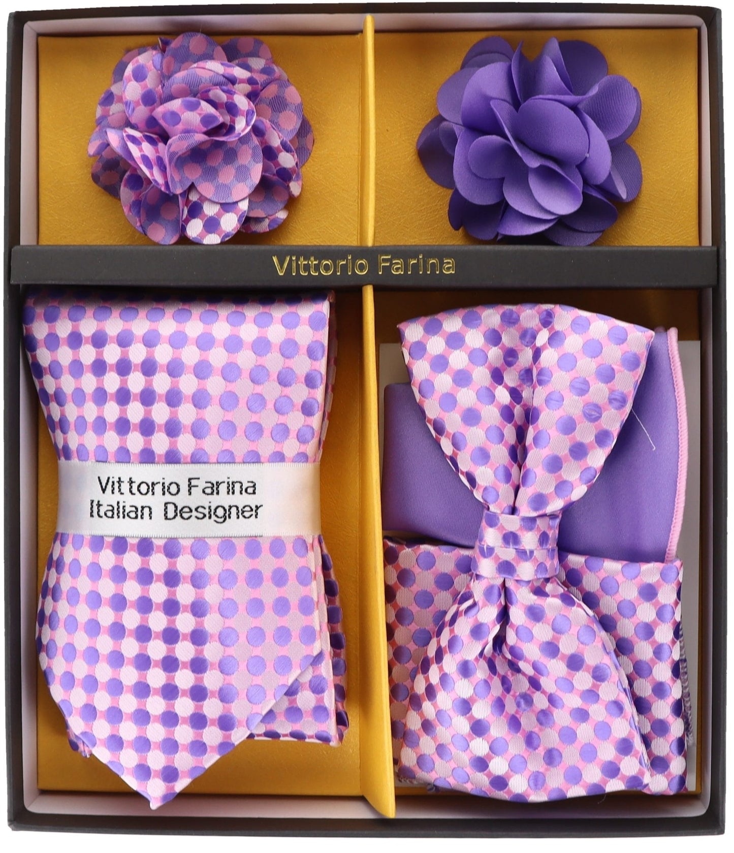 Vittorio Farina Men's Design Necktie, Bow Tie, Pocket Squares and Flower Lapel Pin in a Gift Box - Suits You Sir - GB - 21001 -