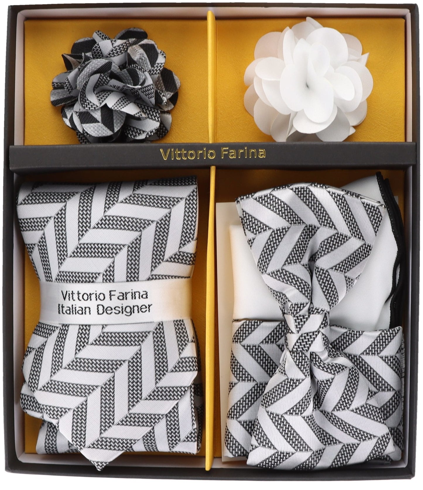 Vittorio Farina Men's Design Necktie, Bow Tie, Pocket Squares and Flower Lapel Pin in a Gift Box - Suits You Sir - GB - 21001 -