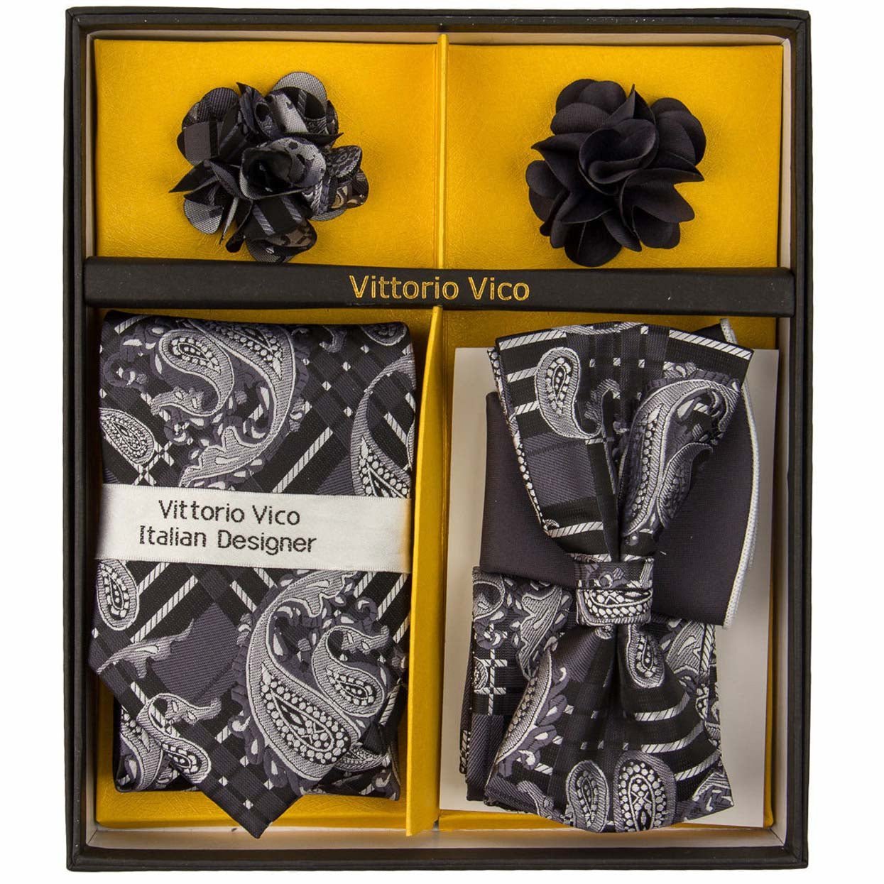 Vittorio Farina Men's Design Necktie, Bow Tie, Pocket Squares and Flower Lapel Pin in a Gift Box - Suits You Sir - GB - 21009 -