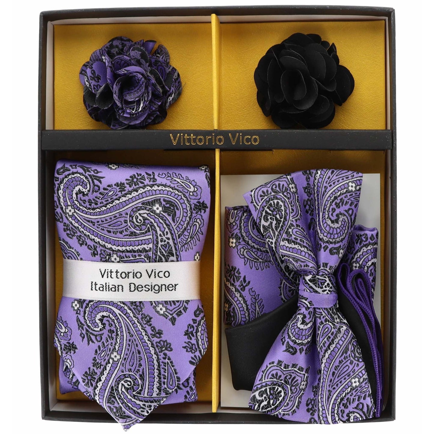 Vittorio Farina Men's Design Necktie, Bow Tie, Pocket Squares and Flower Lapel Pin in a Gift Box - Suits You Sir - GB - 21009 -