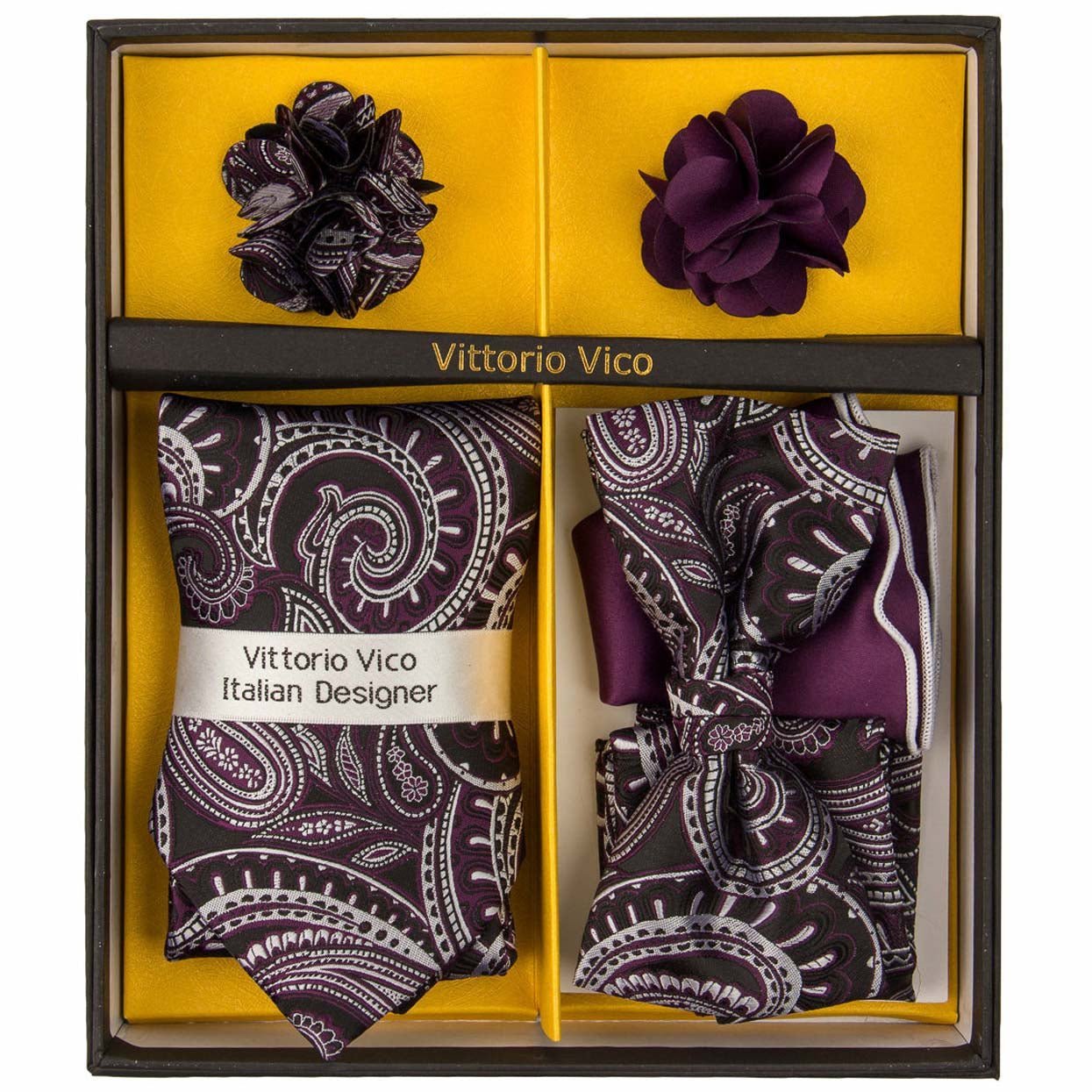 Vittorio Farina Men's Design Necktie, Bow Tie, Pocket Squares and Flower Lapel Pin in a Gift Box - Suits You Sir - GB - 21009 -