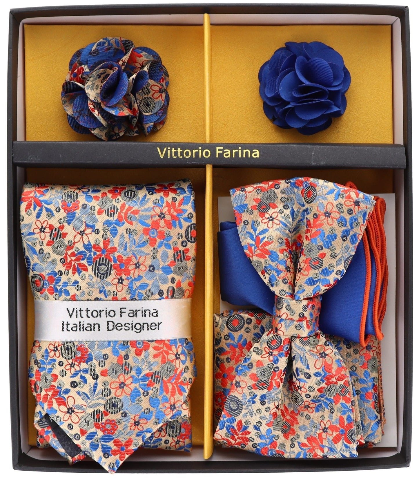 Vittorio Farina Men's Design Necktie, Bow Tie, Pocket Squares and Flower Lapel Pin in a Gift Box - Suits You Sir - GB - 21016 -