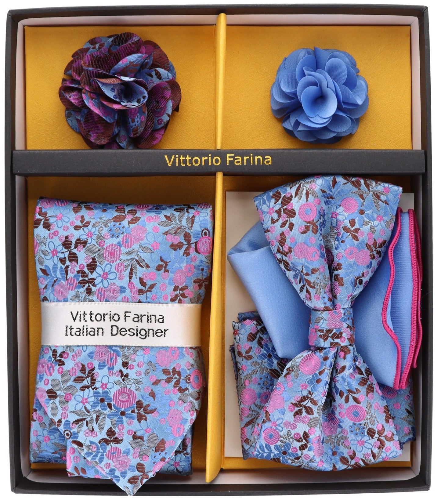 Vittorio Farina Men's Design Necktie, Bow Tie, Pocket Squares and Flower Lapel Pin in a Gift Box - Suits You Sir - GB - 21017 -
