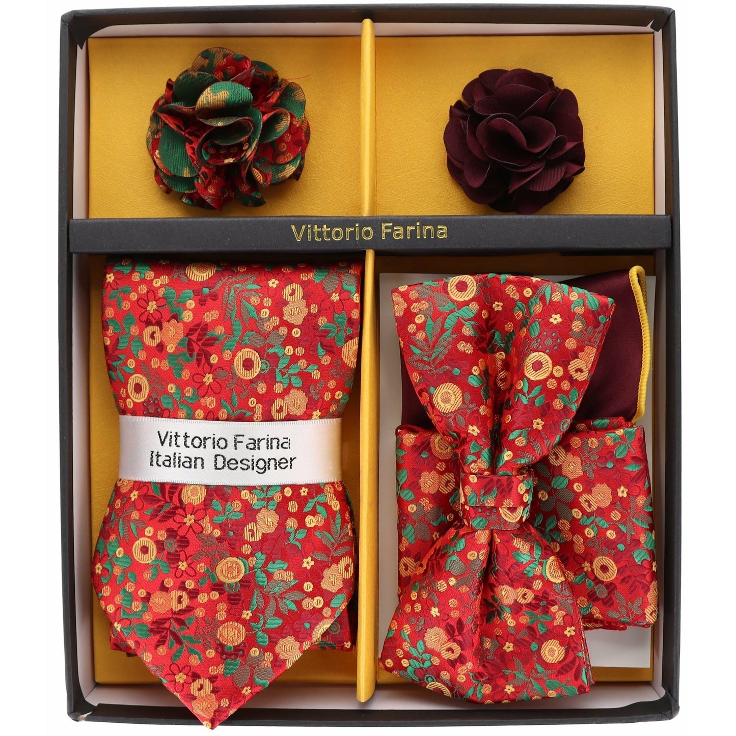 Vittorio Farina Men's Design Necktie, Bow Tie, Pocket Squares and Flower Lapel Pin in a Gift Box - Suits You Sir - GB - 21018 -