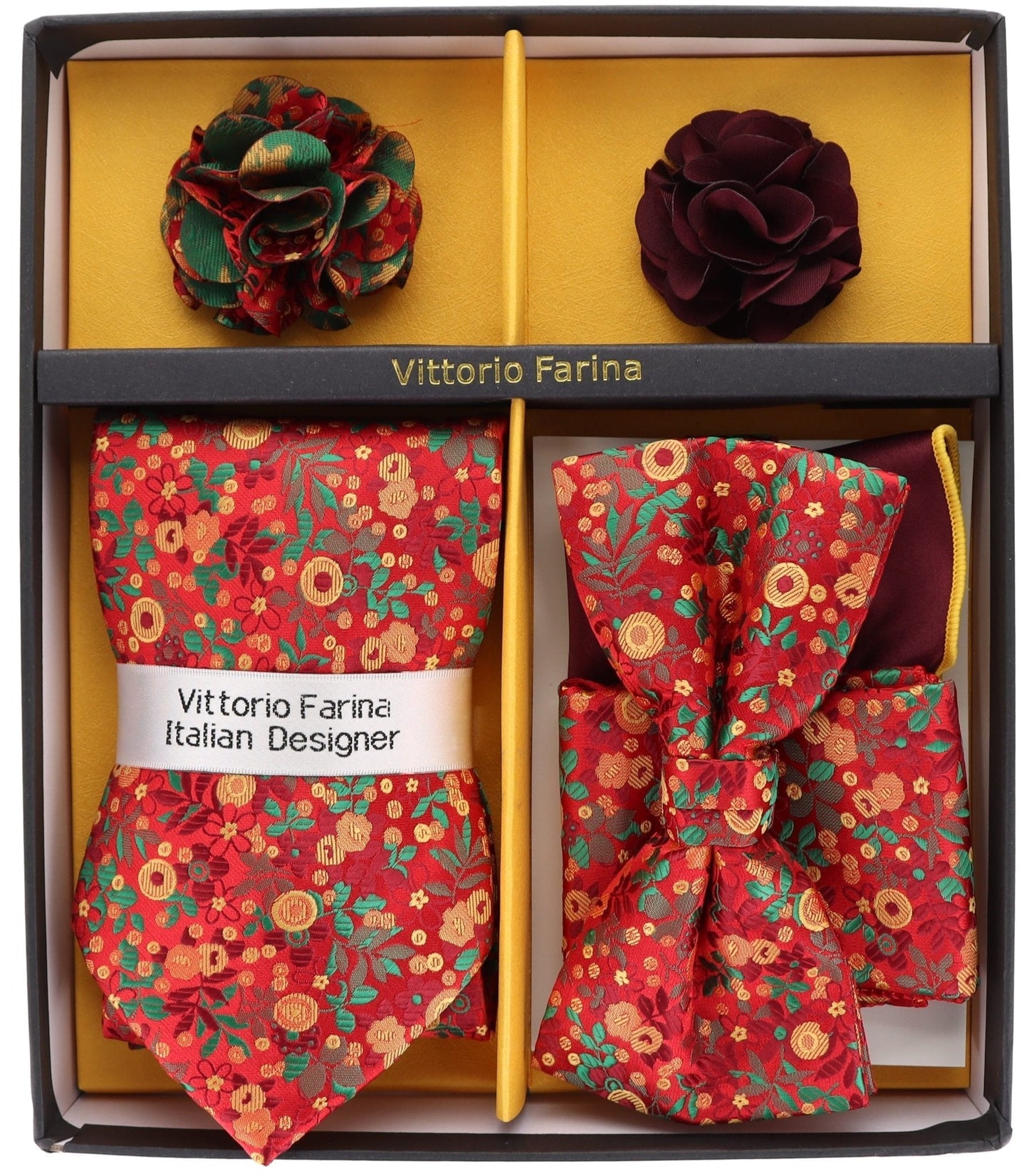 Vittorio Farina Men's Design Necktie, Bow Tie, Pocket Squares and Flower Lapel Pin in a Gift Box - Suits You Sir - GB - 21018 -