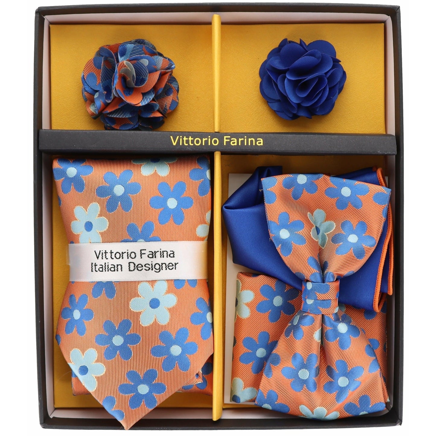 Vittorio Farina Men's Design Necktie, Bow Tie, Pocket Squares and Flower Lapel Pin in a Gift Box - Suits You Sir - GB - 21019 -