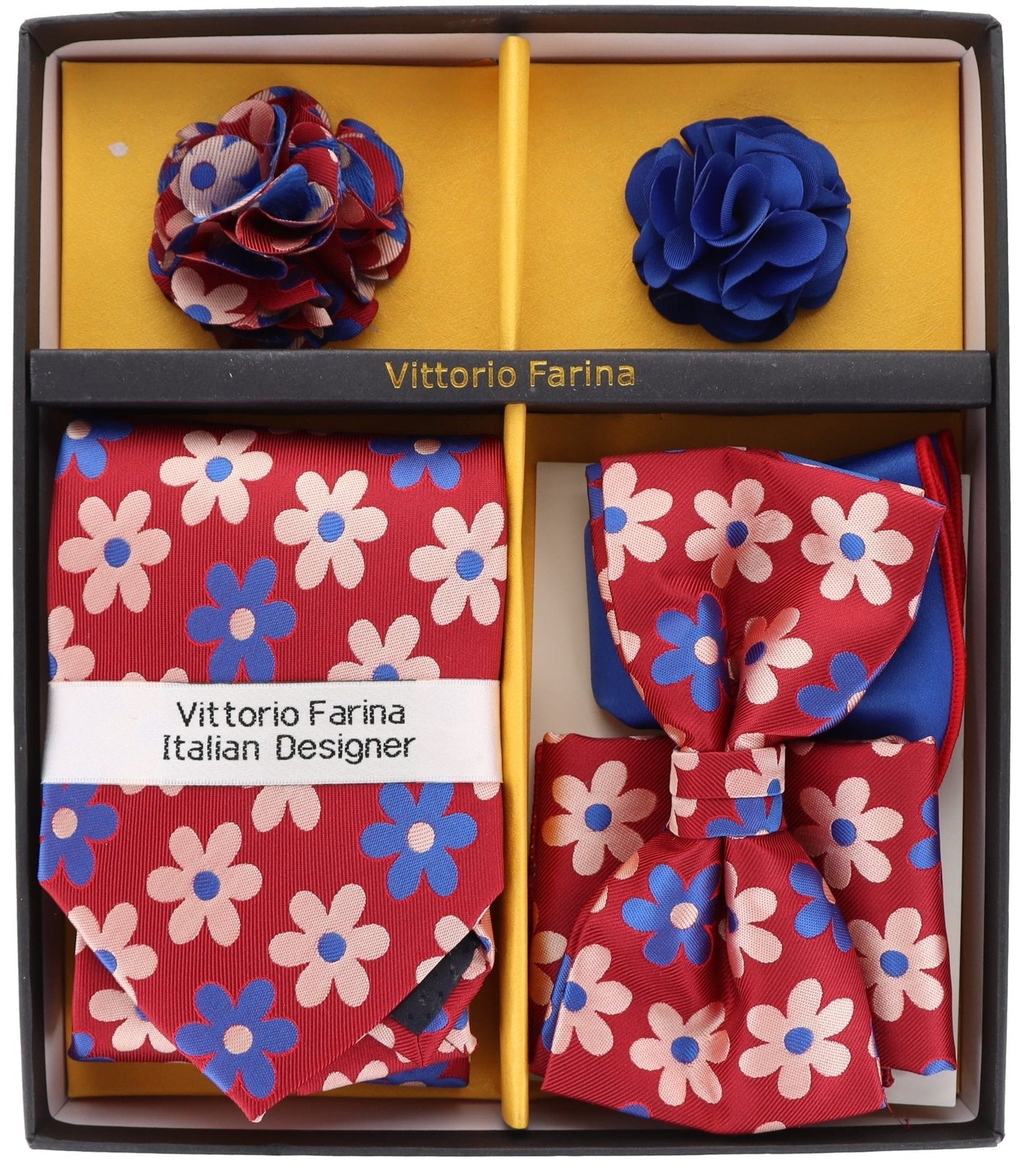 Vittorio Farina Men's Design Necktie, Bow Tie, Pocket Squares and Flower Lapel Pin in a Gift Box - Suits You Sir - GB - 21020 -