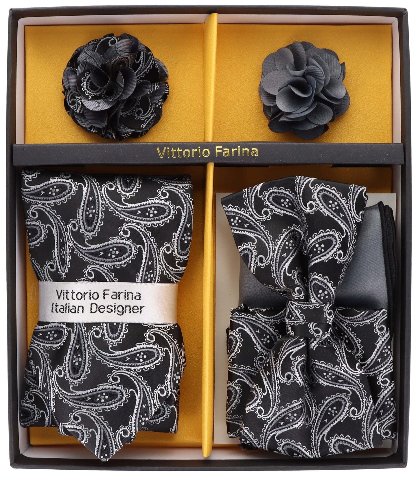 Vittorio Farina Men's Design Necktie, Bow Tie, Pocket Squares and Flower Lapel Pin in a Gift Box - Suits You Sir - GB - 21021 -
