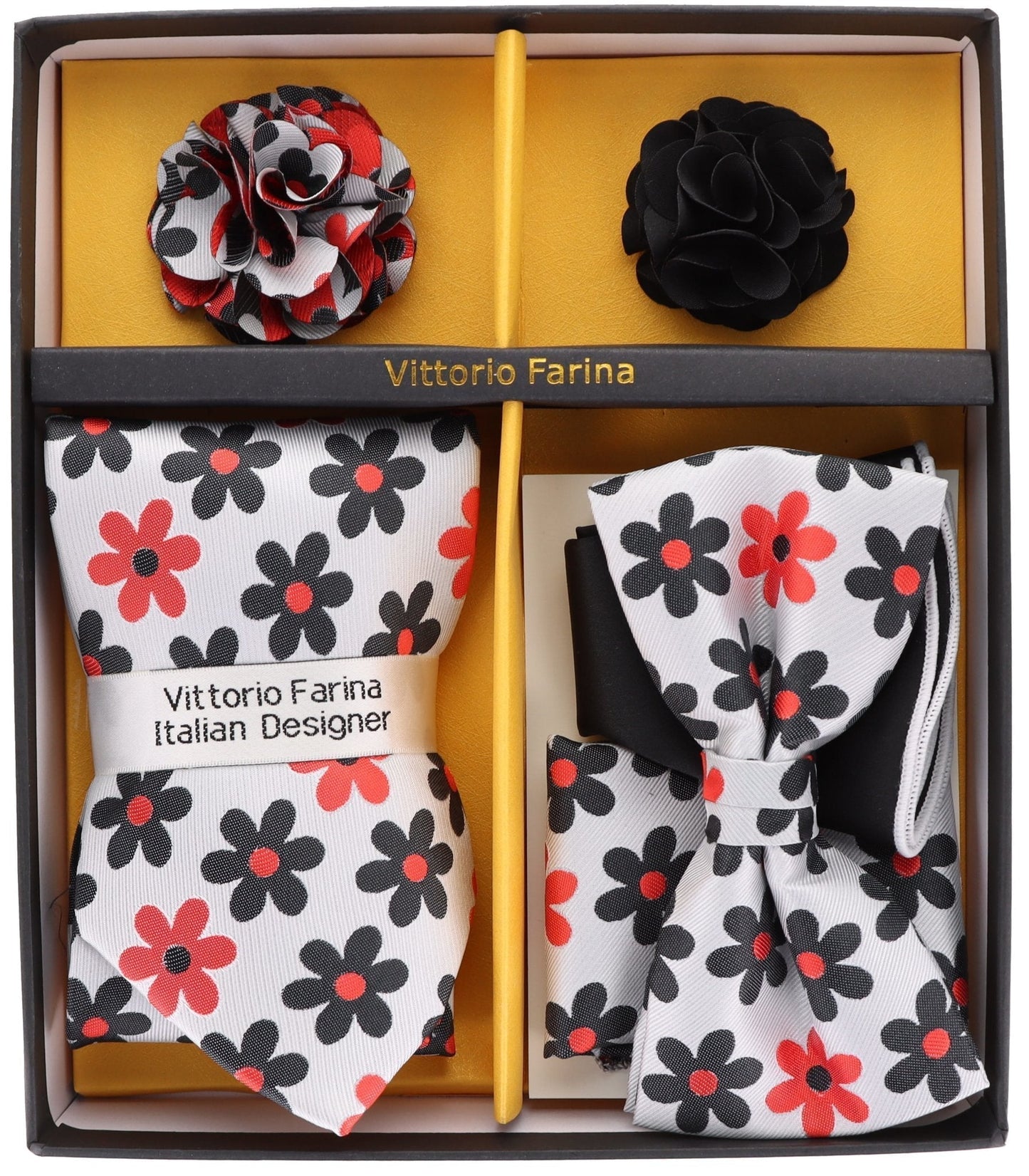 Vittorio Farina Men's Design Necktie, Bow Tie, Pocket Squares and Flower Lapel Pin in a Gift Box - Suits You Sir - GB - 21021 -