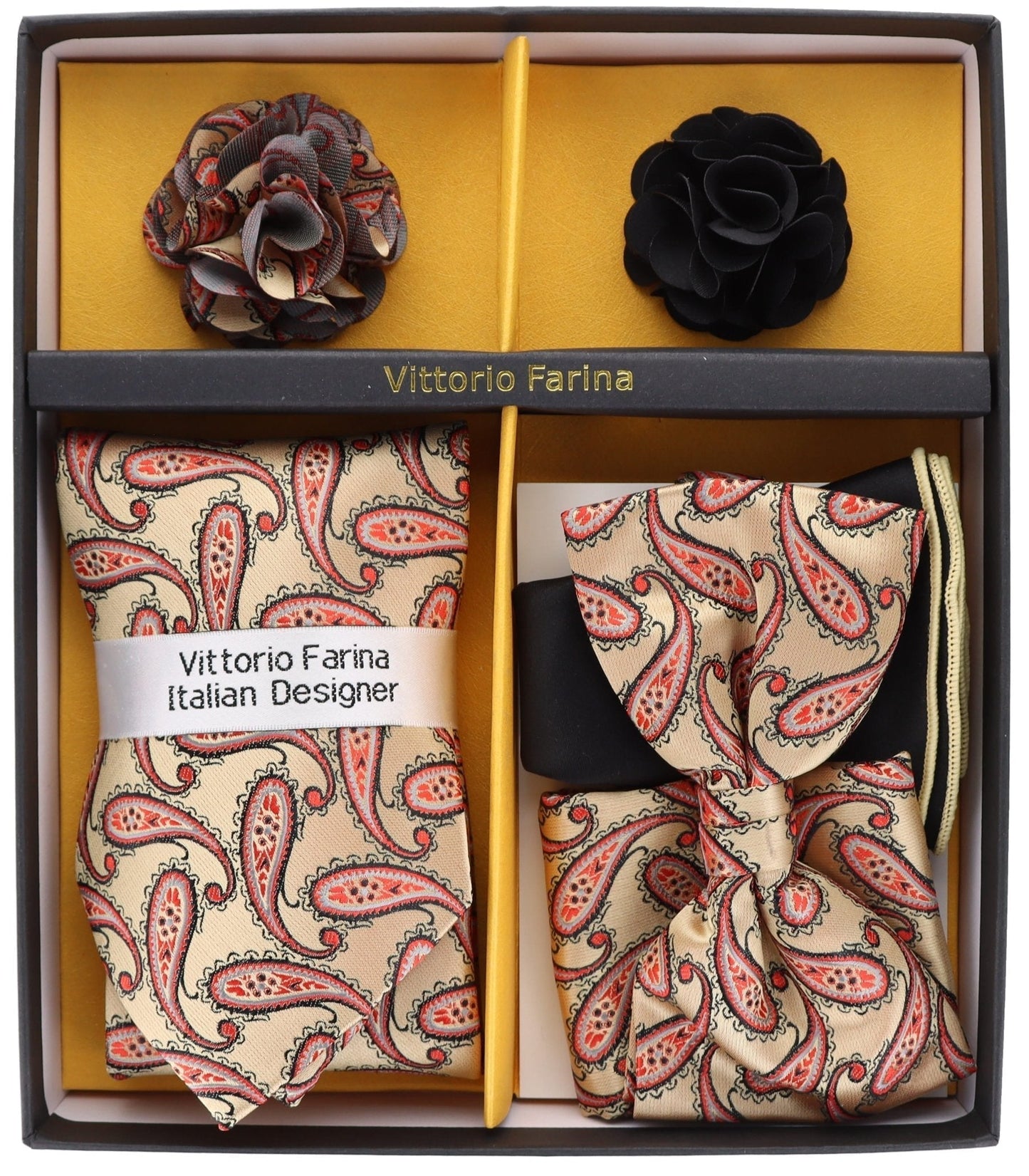 Vittorio Farina Men's Design Necktie, Bow Tie, Pocket Squares and Flower Lapel Pin in a Gift Box - Suits You Sir - GB - 21023 -