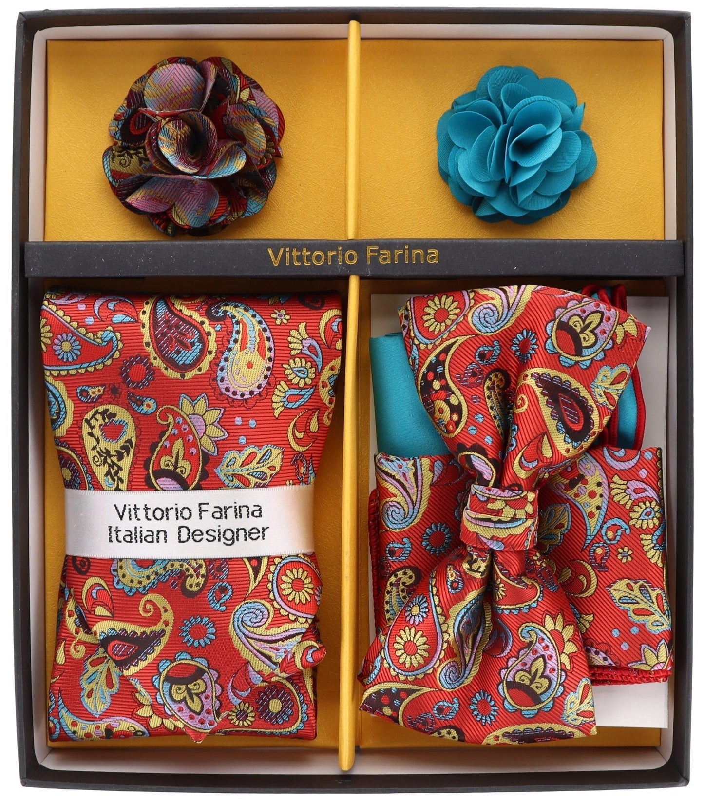 Vittorio Farina Men's Design Necktie, Bow Tie, Pocket Squares and Flower Lapel Pin in a Gift Box - Suits You Sir - GB - 21026 -
