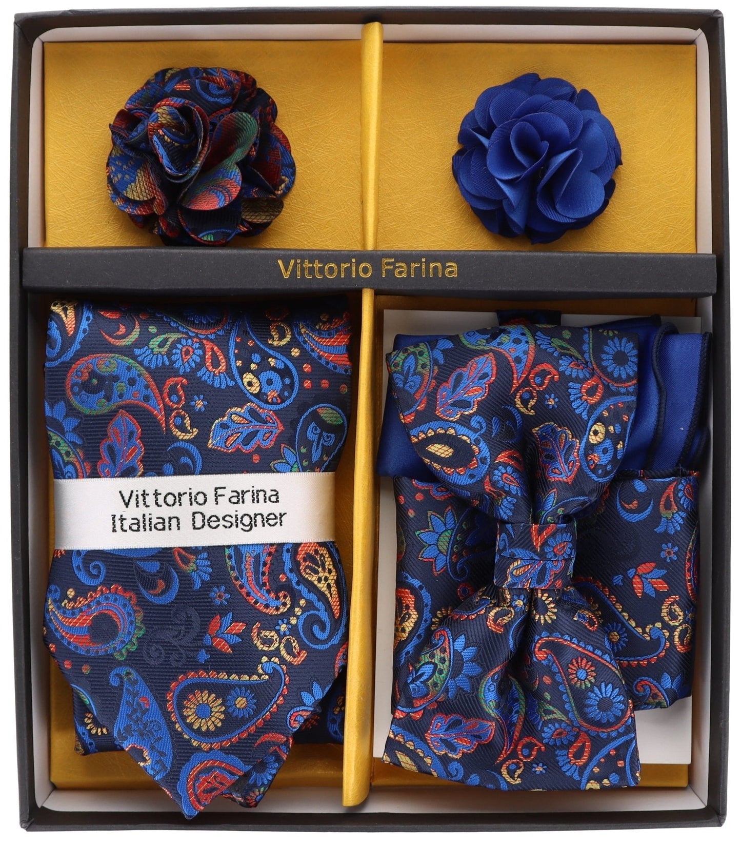 Vittorio Farina Men's Design Necktie, Bow Tie, Pocket Squares and Flower Lapel Pin in a Gift Box - Suits You Sir - GB - 21026 -