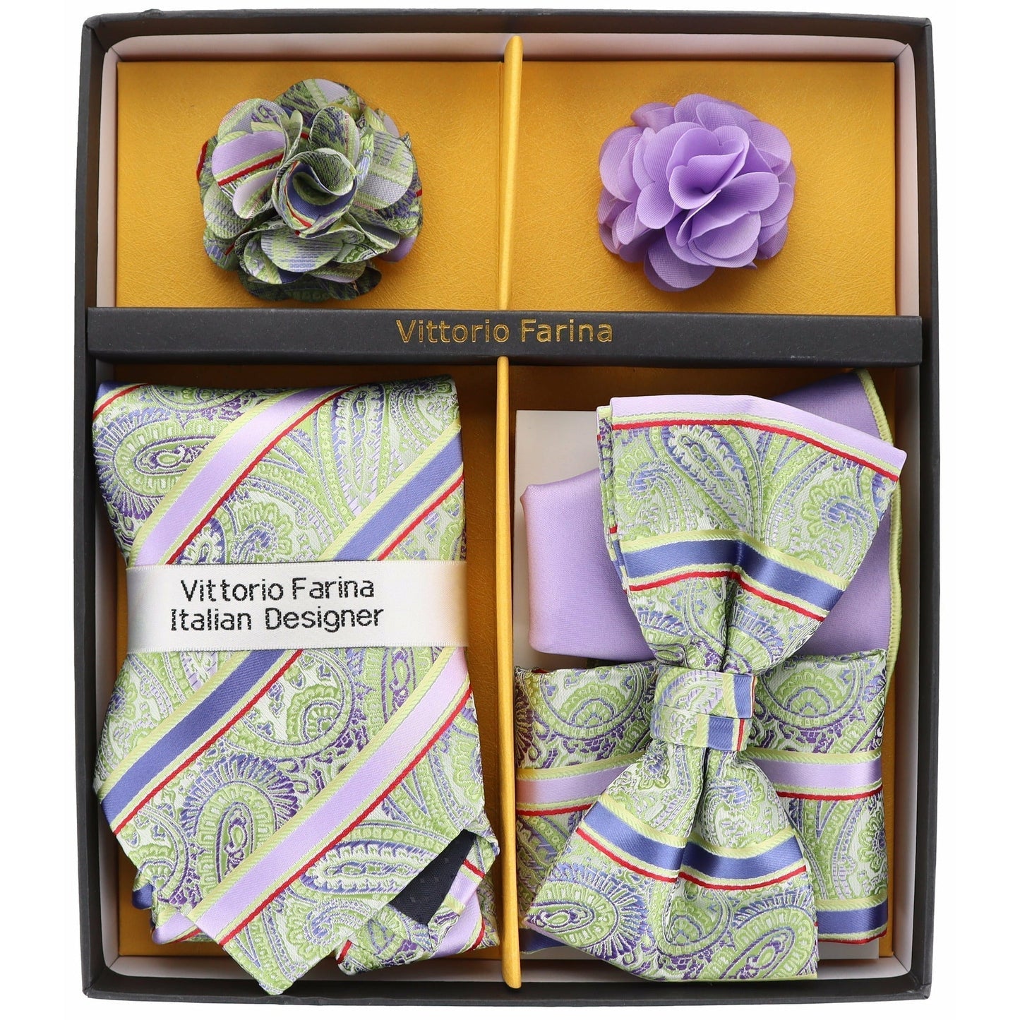 Vittorio Farina Men's Design Necktie, Bow Tie, Pocket Squares and Flower Lapel Pin in a Gift Box - Suits You Sir - GB - 21026 -