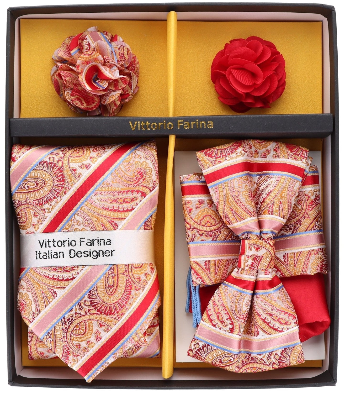 Vittorio Farina Men's Design Necktie, Bow Tie, Pocket Squares and Flower Lapel Pin in a Gift Box - Suits You Sir - GB - 21031 -