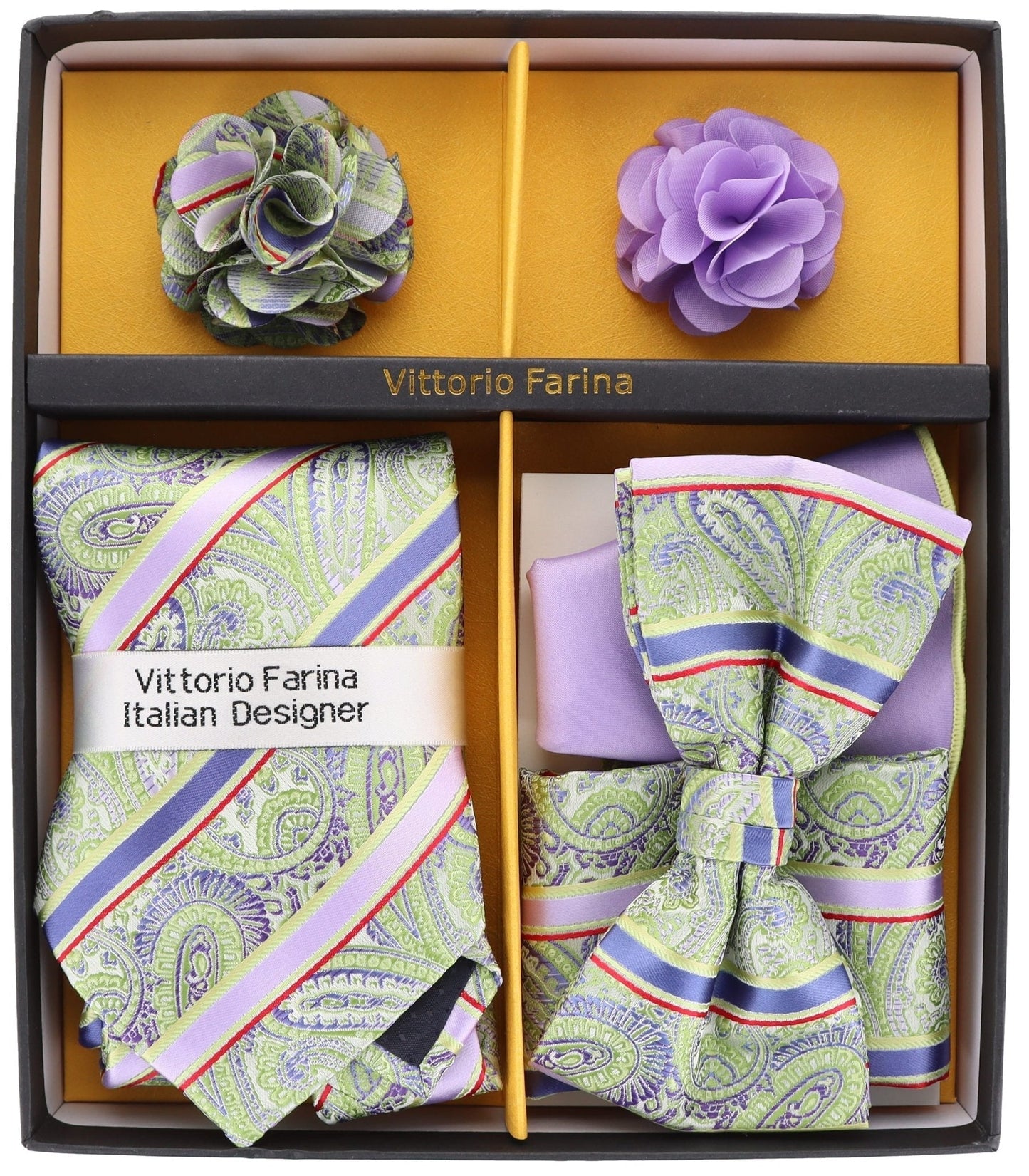 Vittorio Farina Men's Design Necktie, Bow Tie, Pocket Squares and Flower Lapel Pin in a Gift Box - Suits You Sir - GB - 21032 -