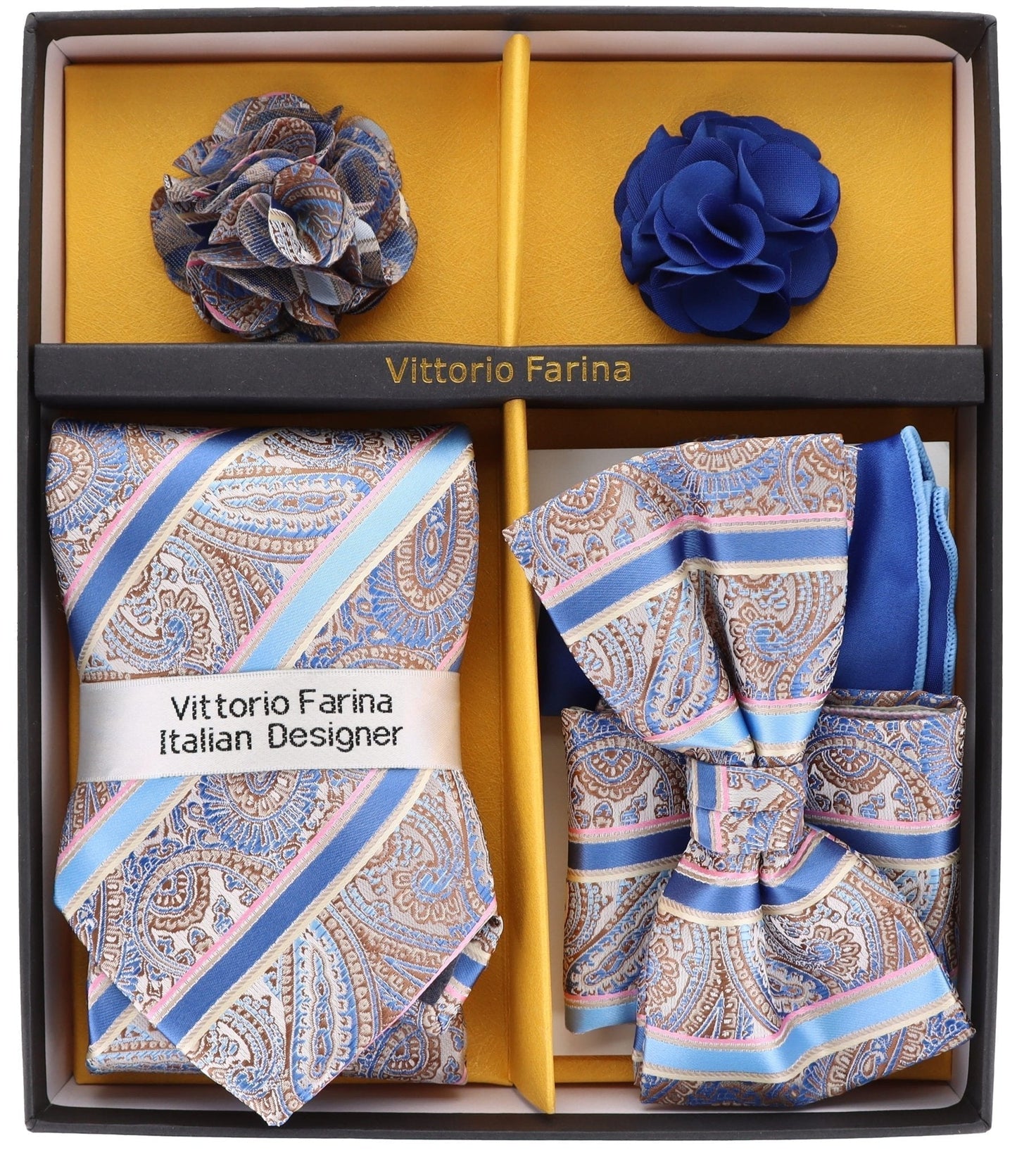 Vittorio Farina Men's Design Necktie, Bow Tie, Pocket Squares and Flower Lapel Pin in a Gift Box - Suits You Sir - GB - 21032 -