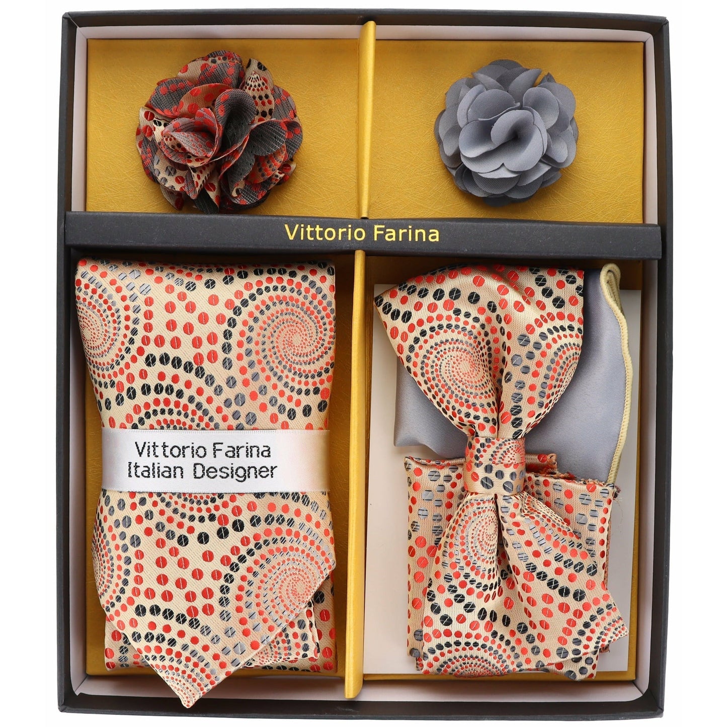 Vittorio Farina Men's Design Necktie, Bow Tie, Pocket Squares and Flower Lapel Pin in a Gift Box - Suits You Sir - GB - 21038 -