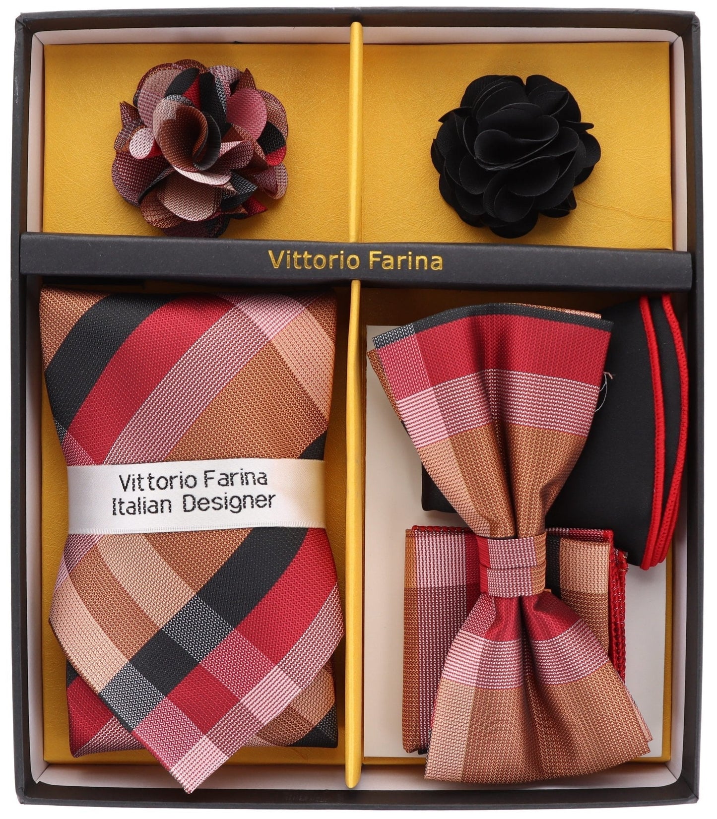 Vittorio Farina Men's Design Necktie, Bow Tie, Pocket Squares and Flower Lapel Pin in a Gift Box - Suits You Sir - GB - 21038 -