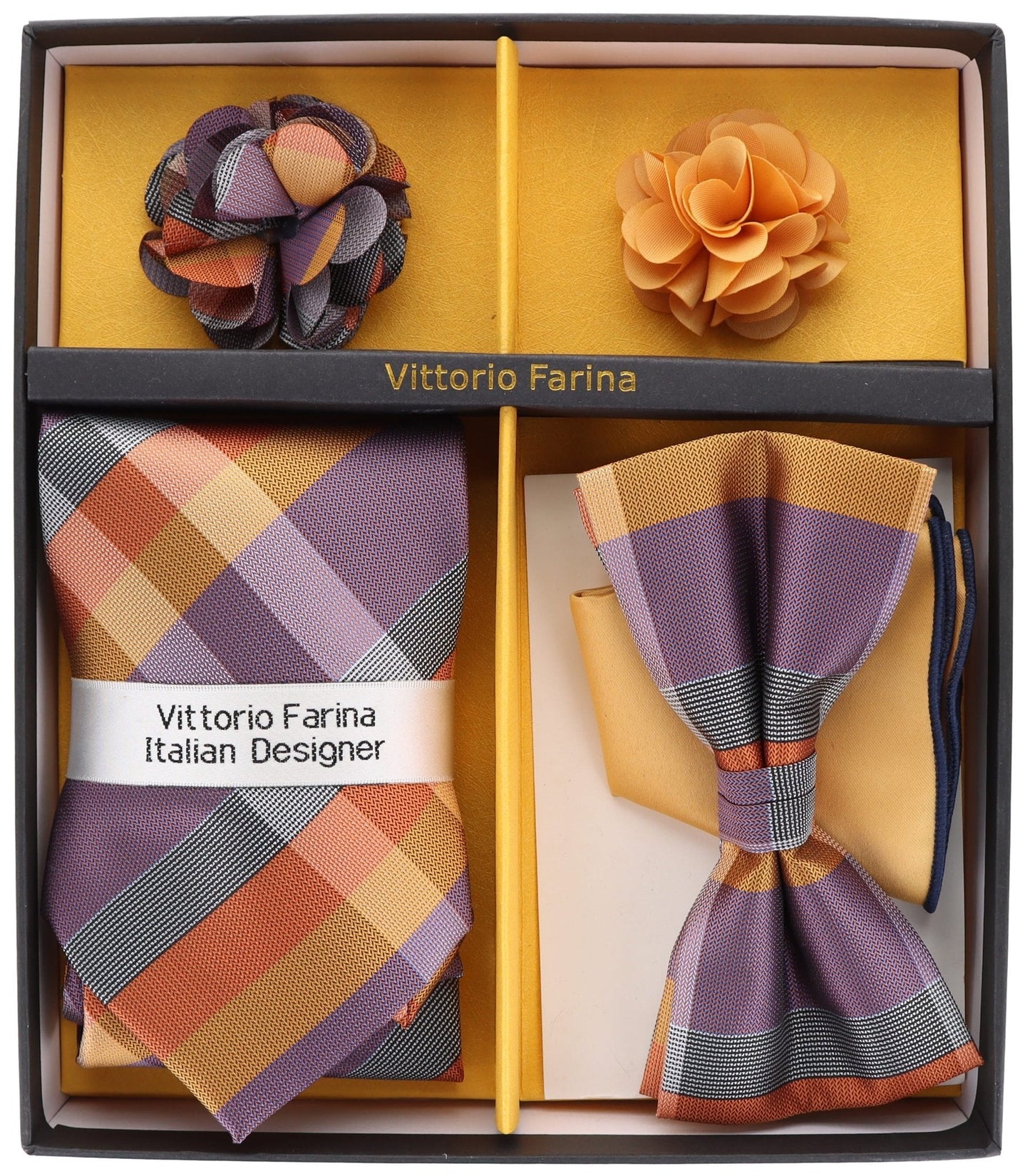 Vittorio Farina Men's Design Necktie, Bow Tie, Pocket Squares and Flower Lapel Pin in a Gift Box - Suits You Sir - GB - 21038 -