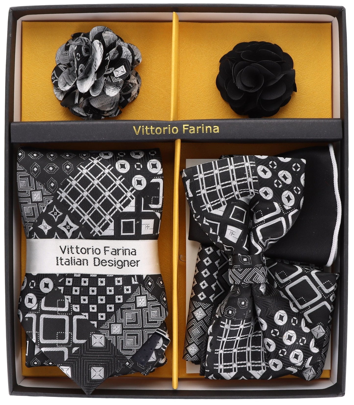 Vittorio Farina Men's Design Necktie, Bow Tie, Pocket Squares and Flower Lapel Pin in a Gift Box - Suits You Sir - GB - 21039 -