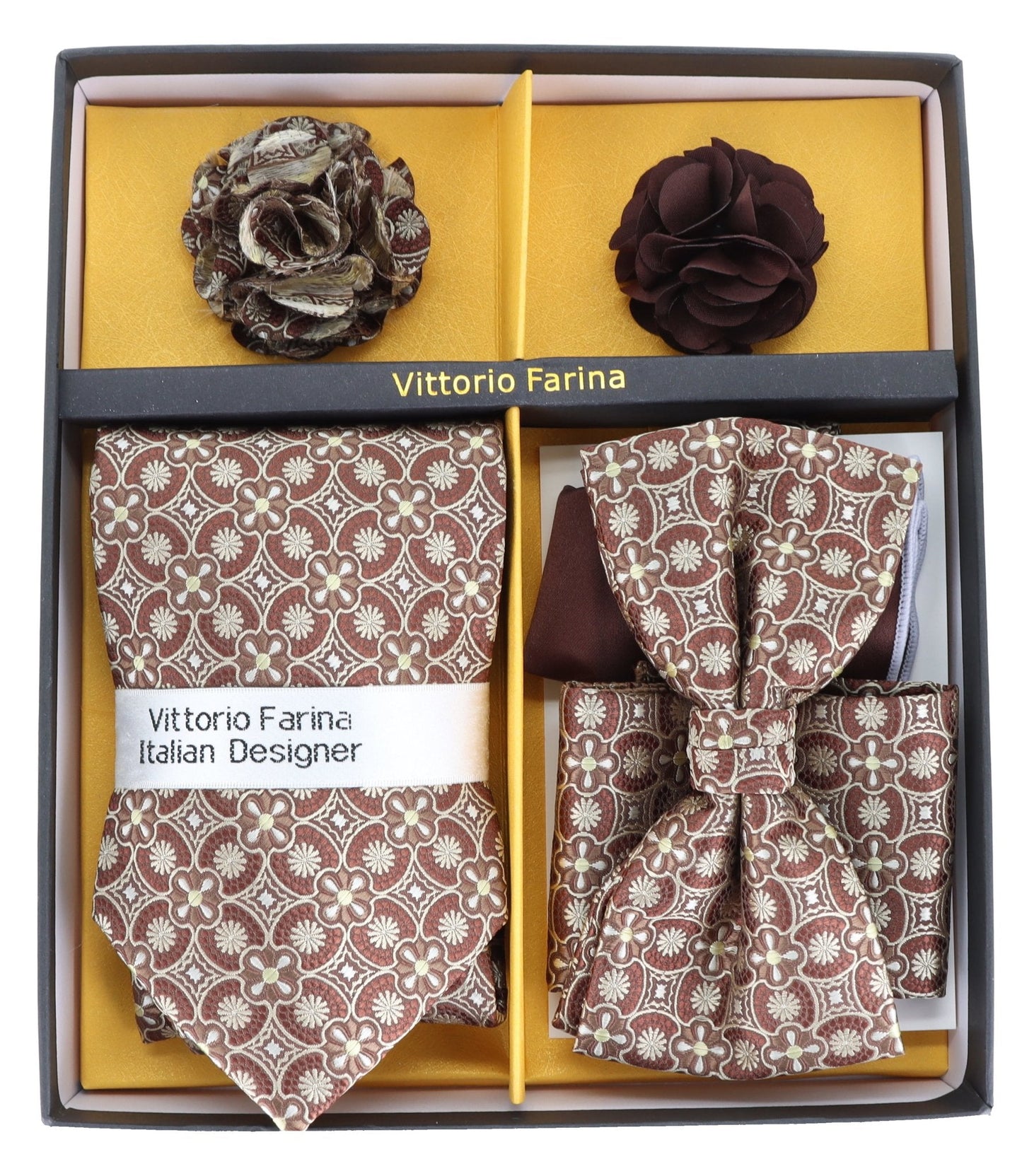 Vittorio Farina Men's Design Necktie, Bow Tie, Pocket Squares and Flower Lapel Pin in a Gift Box - Suits You Sir - GB - 21039 -
