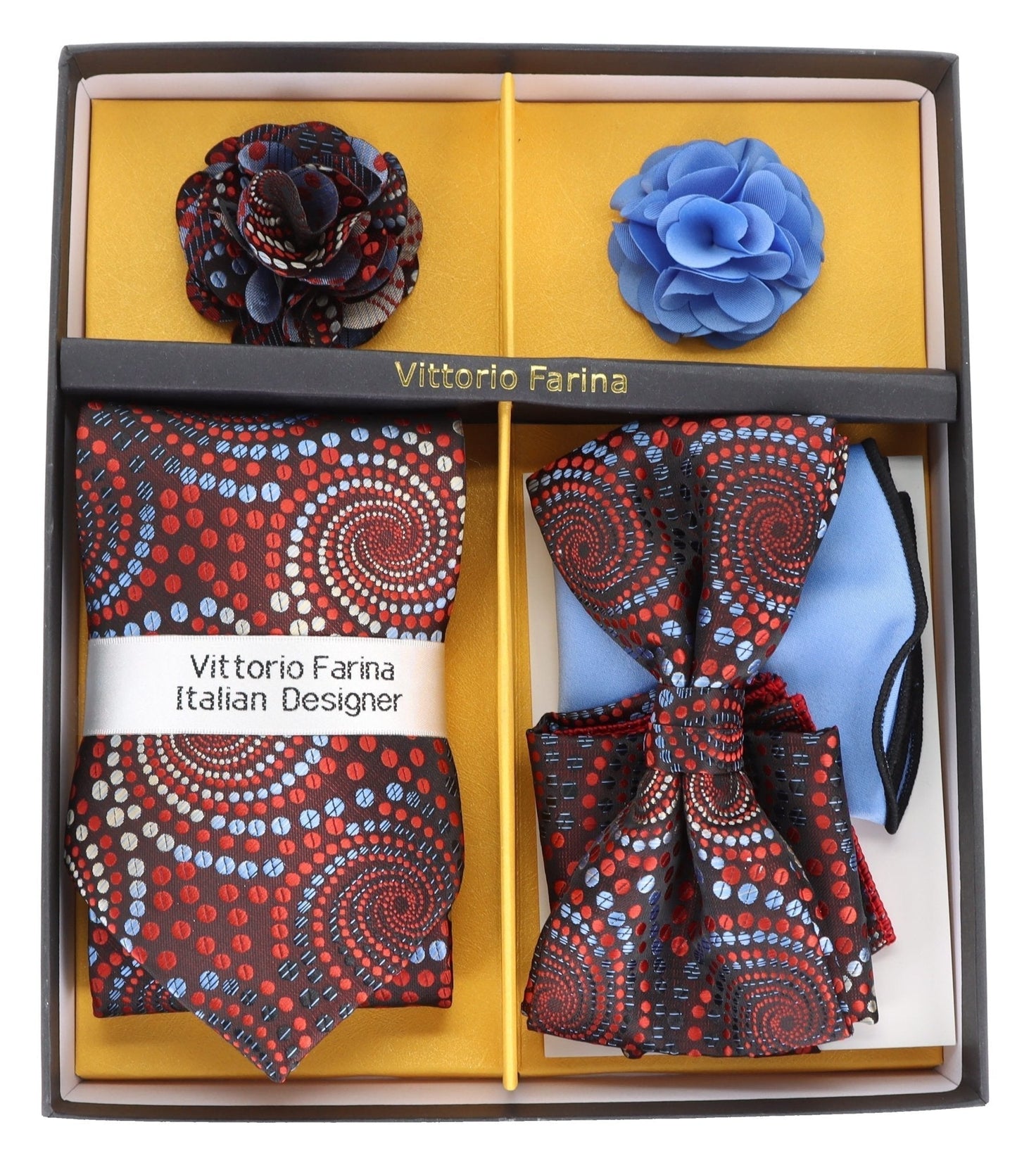 Vittorio Farina Men's Design Necktie, Bow Tie, Pocket Squares and Flower Lapel Pin in a Gift Box - Suits You Sir - GB - 21039 -