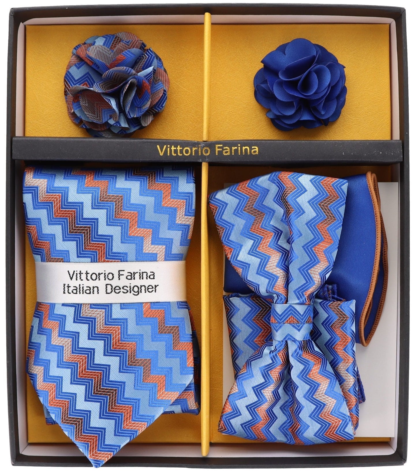 Vittorio Farina Men's Design Necktie, Bow Tie, Pocket Squares and Flower Lapel Pin in a Gift Box - Suits You Sir - GB - 21043 -