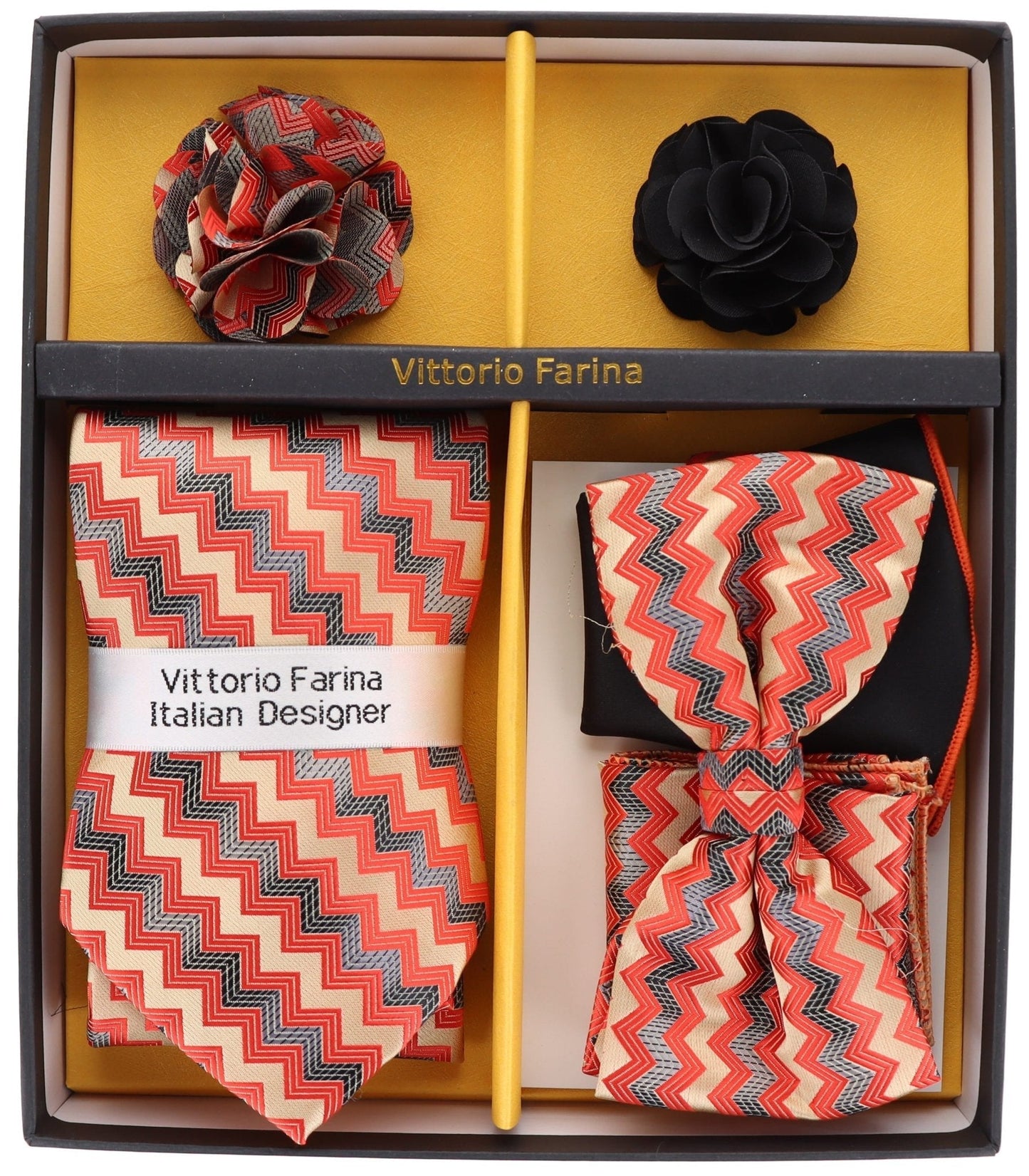 Vittorio Farina Men's Design Necktie, Bow Tie, Pocket Squares and Flower Lapel Pin in a Gift Box - Suits You Sir - GB - 21044 -