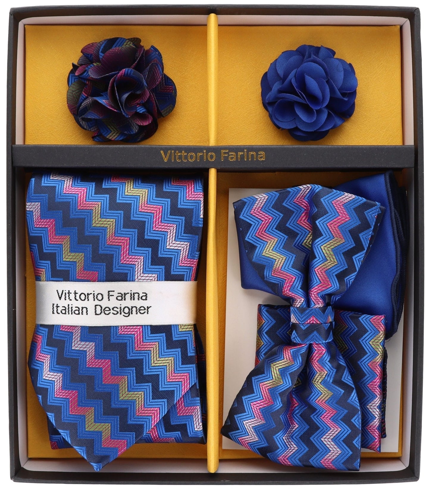 Vittorio Farina Men's Design Necktie, Bow Tie, Pocket Squares and Flower Lapel Pin in a Gift Box - Suits You Sir - GB - 21045 -