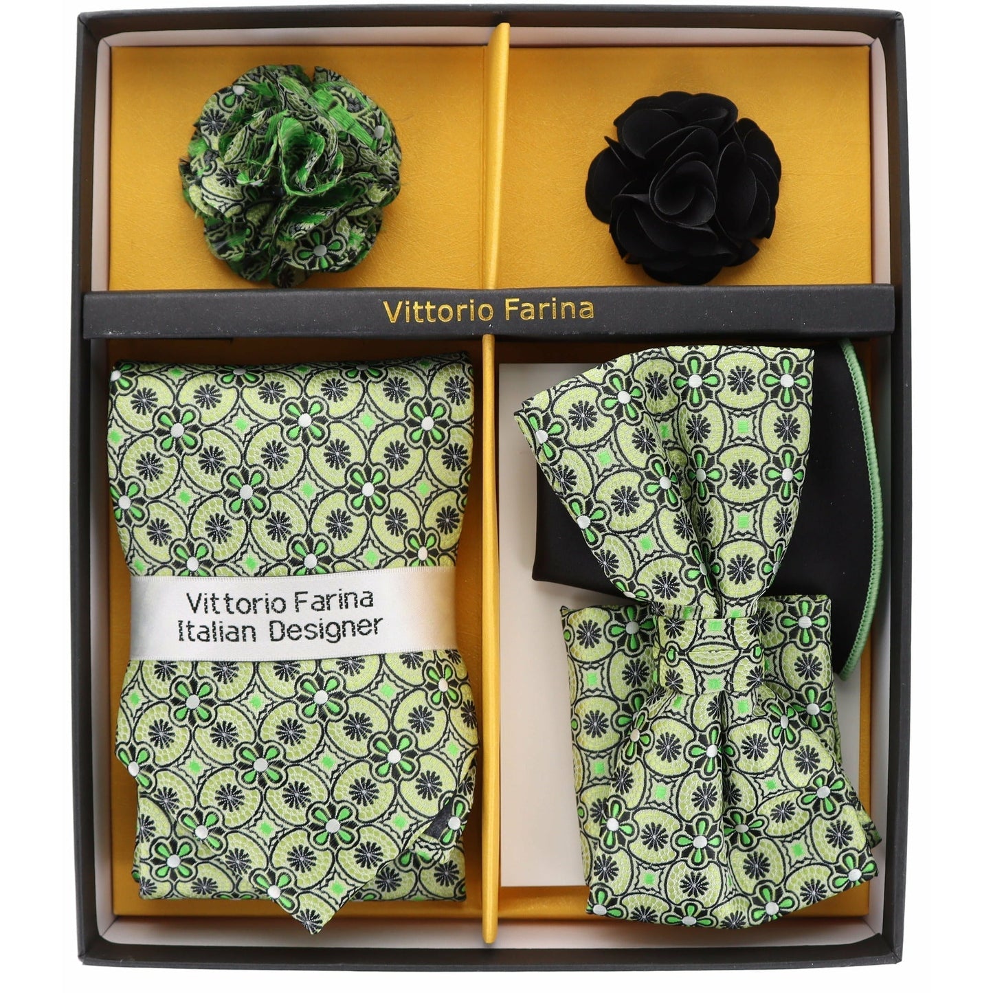 Vittorio Farina Men's Design Necktie, Bow Tie, Pocket Squares and Flower Lapel Pin in a Gift Box - Suits You Sir - GB - 21048 -