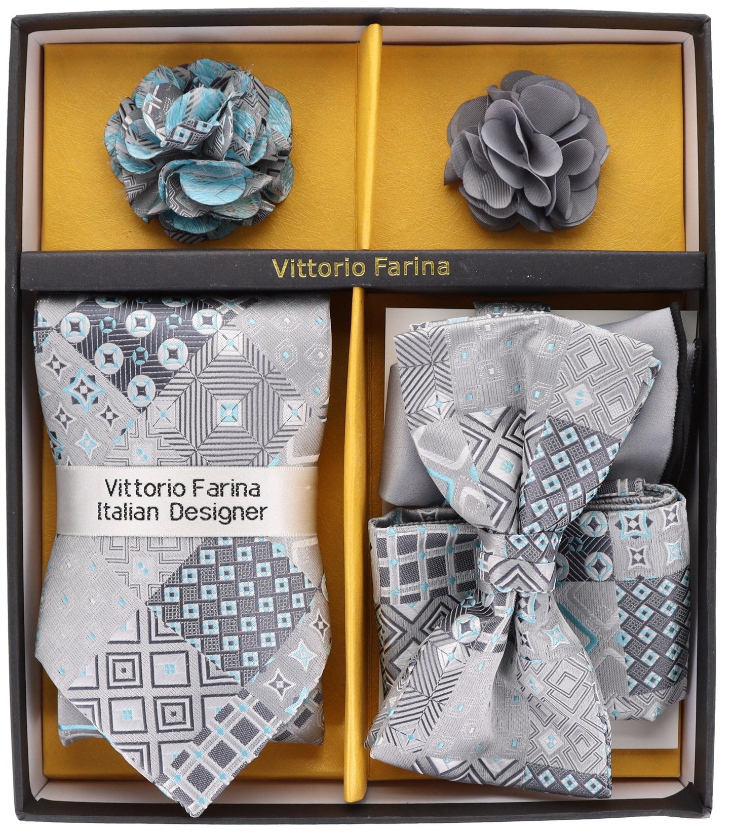 Vittorio Farina Men's Design Necktie, Bow Tie, Pocket Squares and Flower Lapel Pin in a Gift Box - Suits You Sir - GB - 21050 -