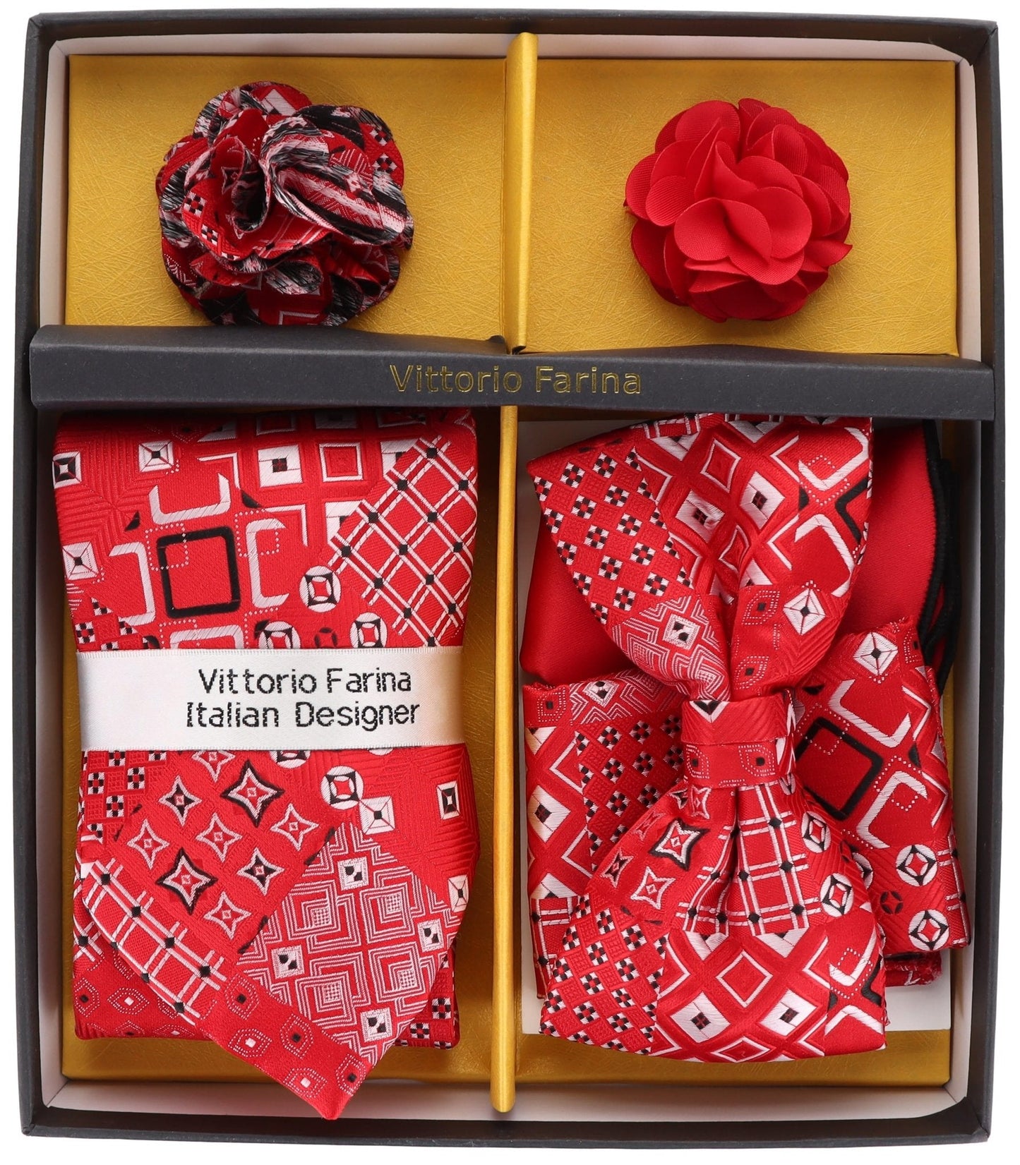 Vittorio Farina Men's Design Necktie, Bow Tie, Pocket Squares and Flower Lapel Pin in a Gift Box - Suits You Sir - GB - 21050 -