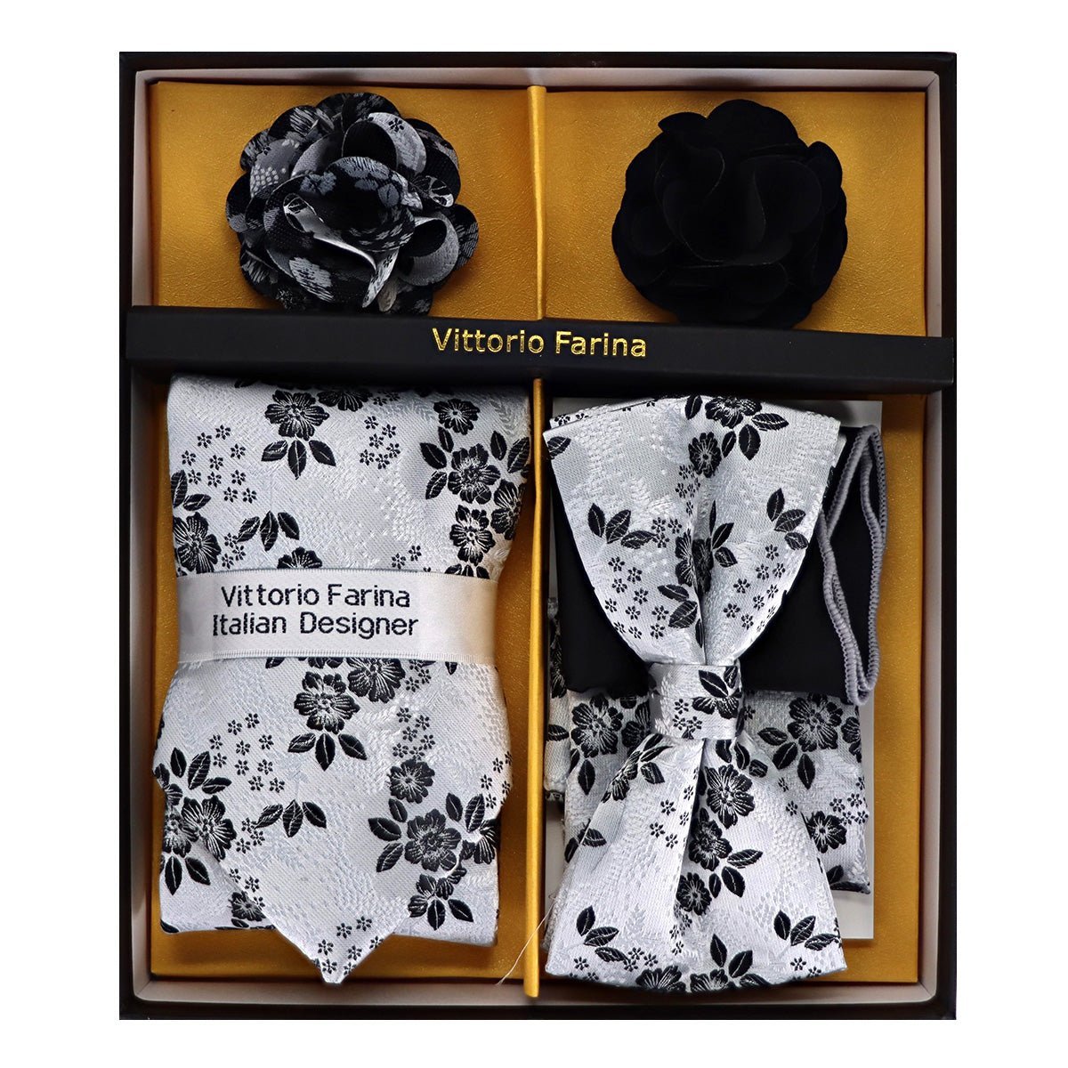 Vittorio Farina Men's Design Necktie, Bow Tie, Pocket Squares and Flower Lapel Pin in a Gift Box - Suits You Sir - GB - NHBL - D_21052 -