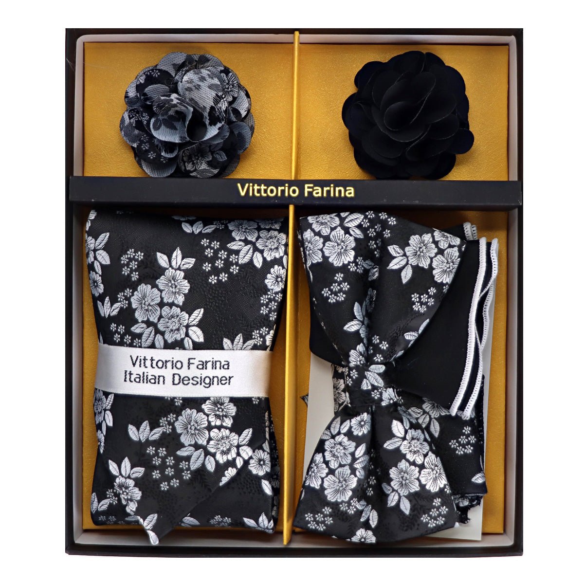 Vittorio Farina Men's Design Necktie, Bow Tie, Pocket Squares and Flower Lapel Pin in a Gift Box - Suits You Sir - GB - NHBL - D_21053 -