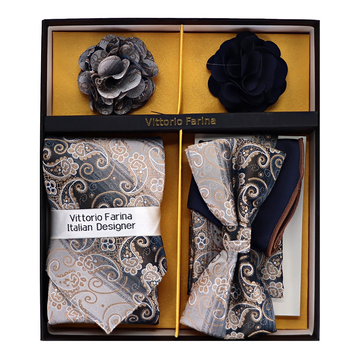 Vittorio Farina Men's Design Necktie, Bow Tie, Pocket Squares and Flower Lapel Pin in a Gift Box - Suits You Sir - GB - NHBL - D_21054 -