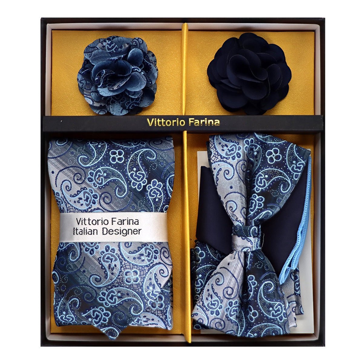 Vittorio Farina Men's Design Necktie, Bow Tie, Pocket Squares and Flower Lapel Pin in a Gift Box - Suits You Sir - GB - NHBL - D_21055 -
