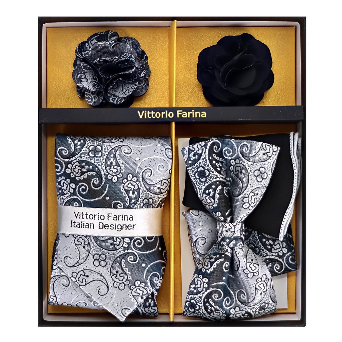 Vittorio Farina Men's Design Necktie, Bow Tie, Pocket Squares and Flower Lapel Pin in a Gift Box - Suits You Sir - GB - NHBL - D_21056 -