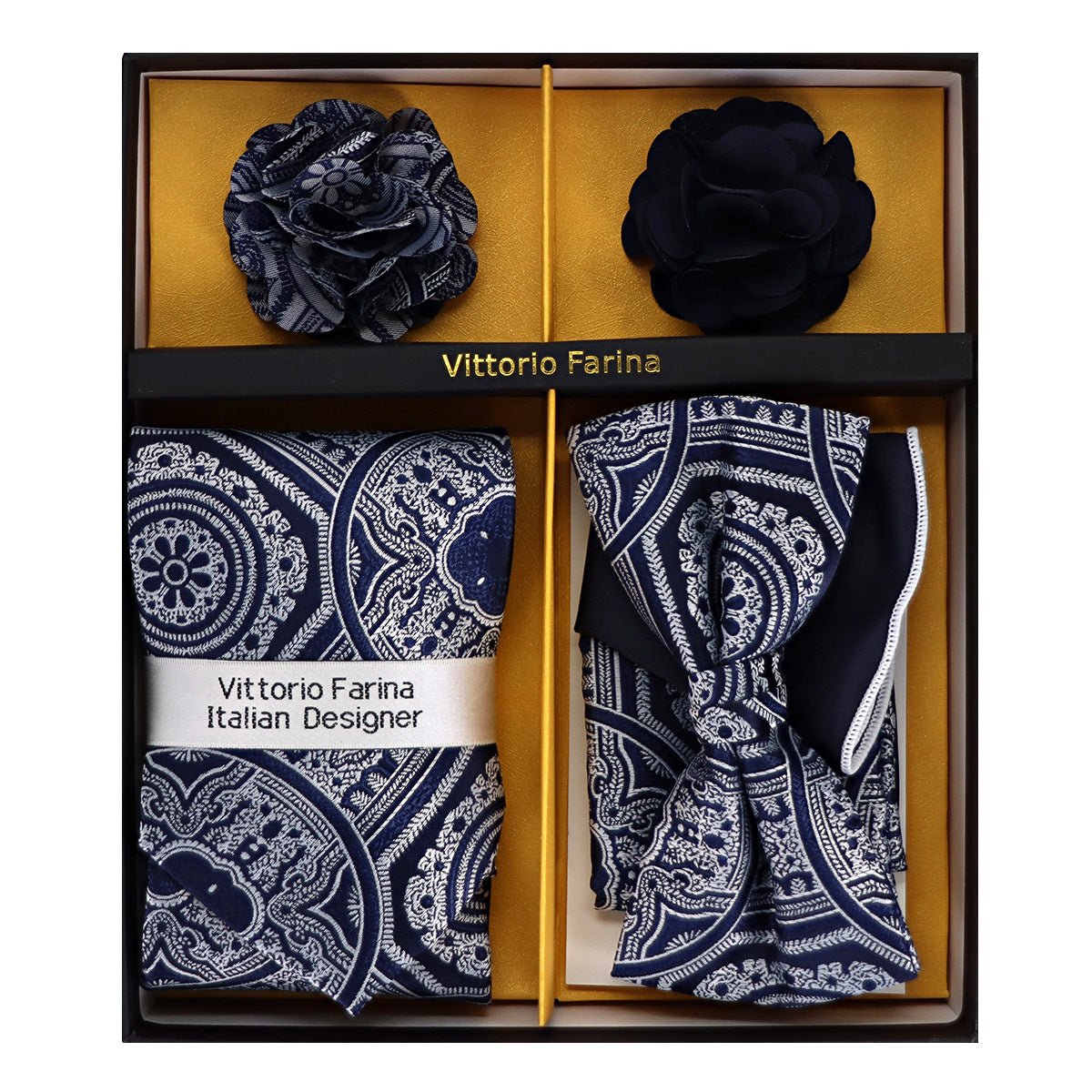 Vittorio Farina Men's Design Necktie, Bow Tie, Pocket Squares and Flower Lapel Pin in a Gift Box - Suits You Sir - GB - NHBL - D_21057 -