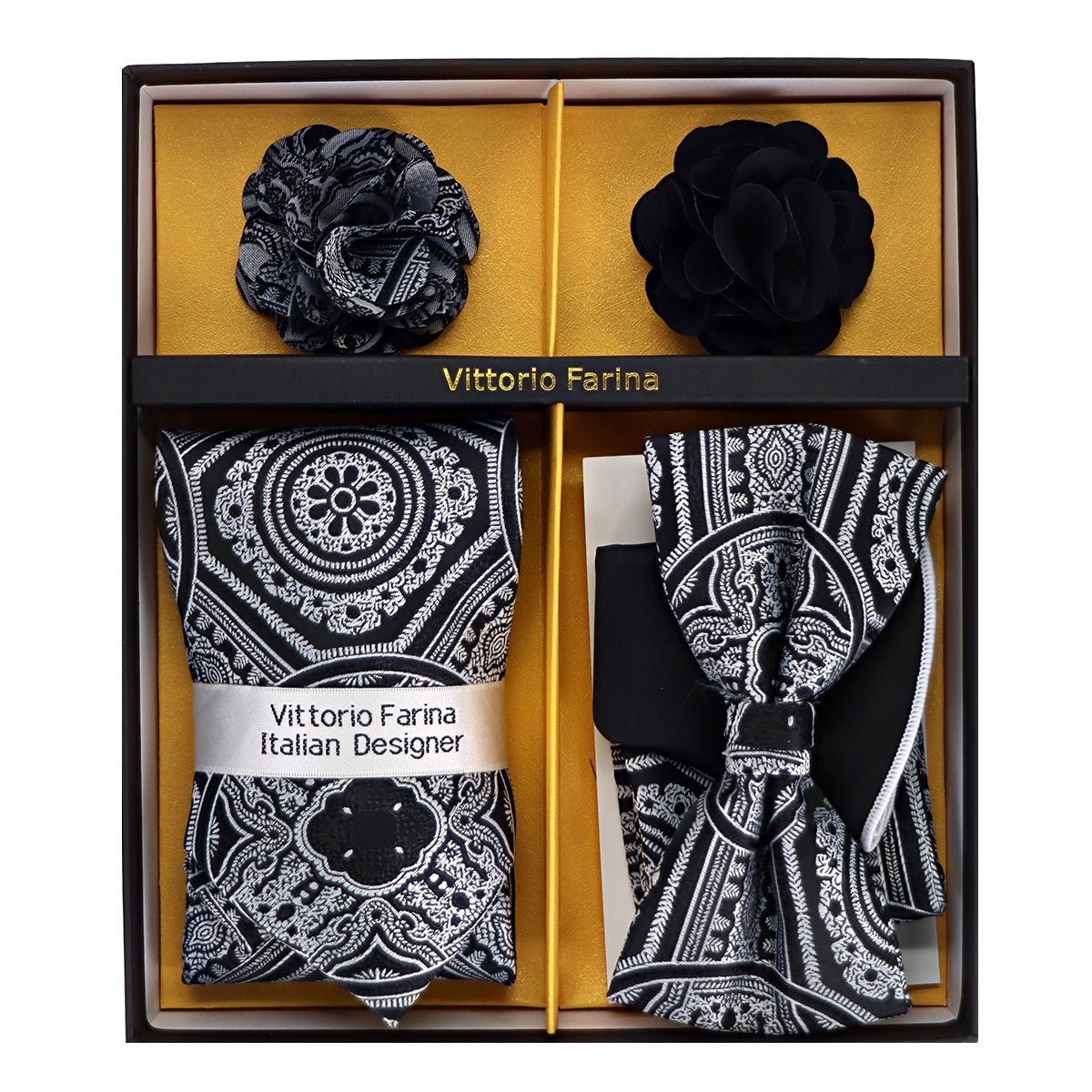 Vittorio Farina Men's Design Necktie, Bow Tie, Pocket Squares and Flower Lapel Pin in a Gift Box - Suits You Sir - GB - NHBL - D_21058 -