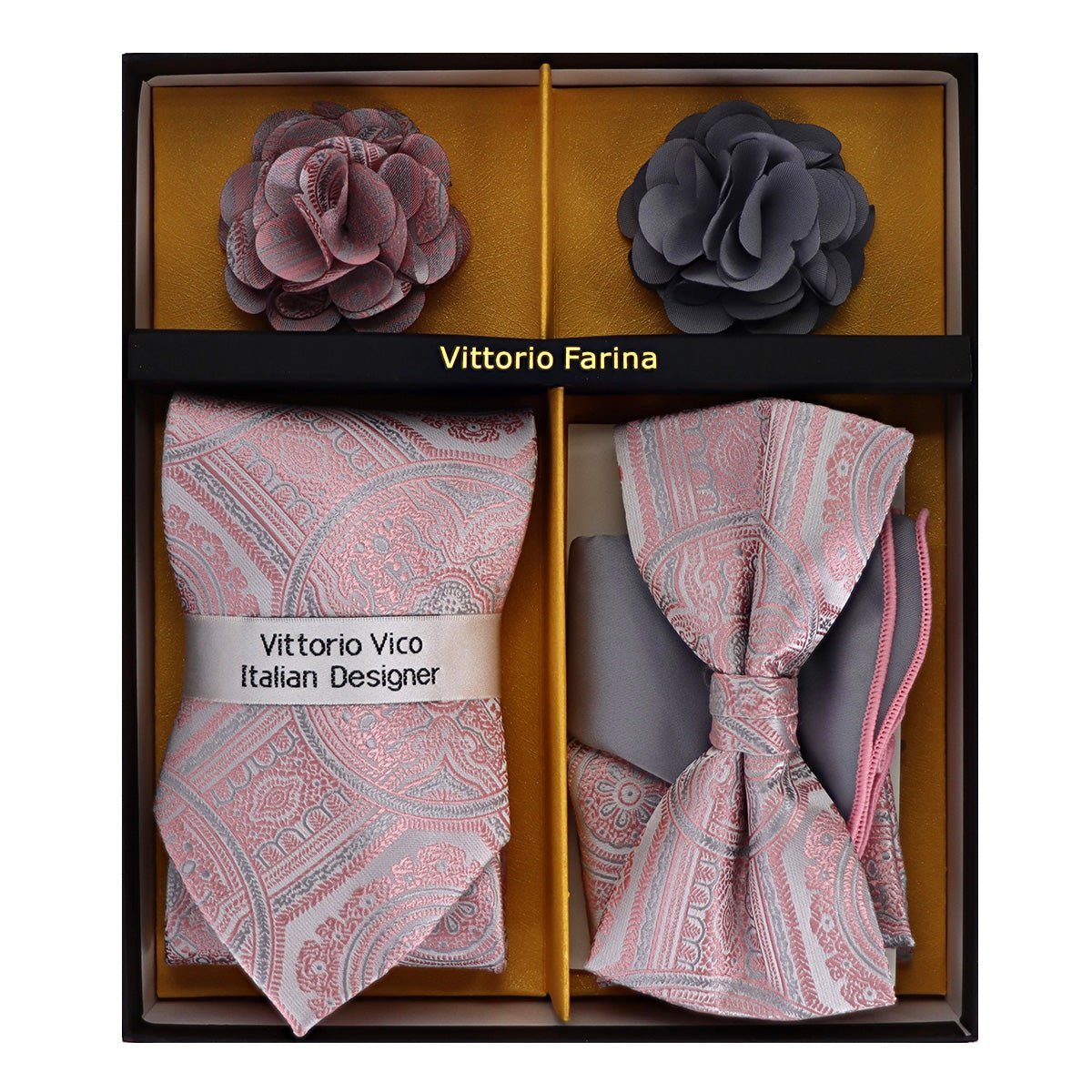 Vittorio Farina Men's Design Necktie, Bow Tie, Pocket Squares and Flower Lapel Pin in a Gift Box - Suits You Sir - GB - NHBL - D_21059 -