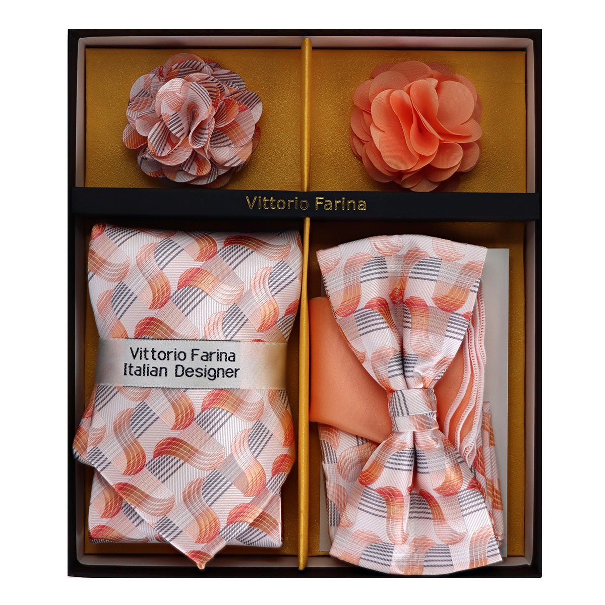 Vittorio Farina Men's Design Necktie, Bow Tie, Pocket Squares and Flower Lapel Pin in a Gift Box - Suits You Sir - GB - NHBL - D_21061 -