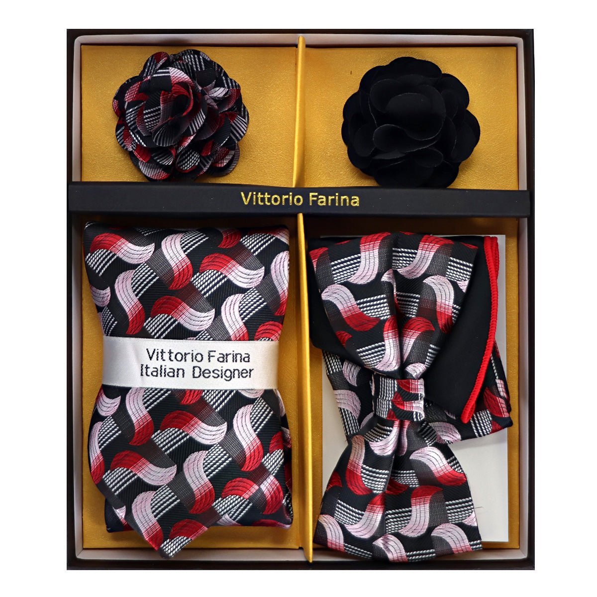 Vittorio Farina Men's Design Necktie, Bow Tie, Pocket Squares and Flower Lapel Pin in a Gift Box - Suits You Sir - GB - NHBL - D_21062 -