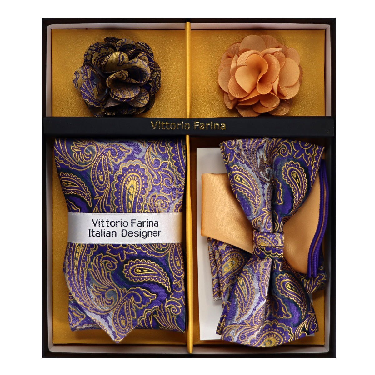 Vittorio Farina Men's Design Necktie, Bow Tie, Pocket Squares and Flower Lapel Pin in a Gift Box - Suits You Sir - GB - NHBL - D_21063 -