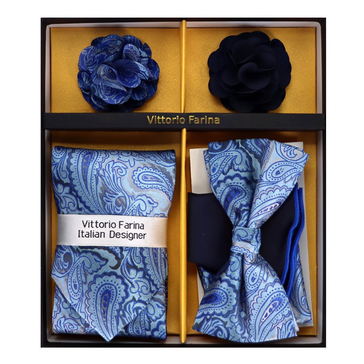 Vittorio Farina Men's Design Necktie, Bow Tie, Pocket Squares and Flower Lapel Pin in a Gift Box - Suits You Sir - GB - NHBL - D_21064 -